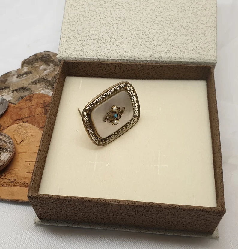 Antike Brosche Anstecknadel Silber 835 vergoldet Perlmutt Türkis Saatperlen Shabby Vintage Nostalgie SB252 – Bild 3