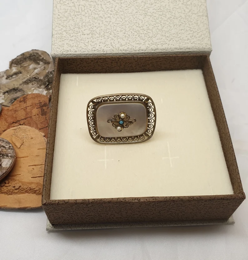 Antike Brosche Anstecknadel Silber 835 vergoldet Perlmutt Türkis Saatperlen Shabby Vintage Nostalgie SB252 – Bild 4