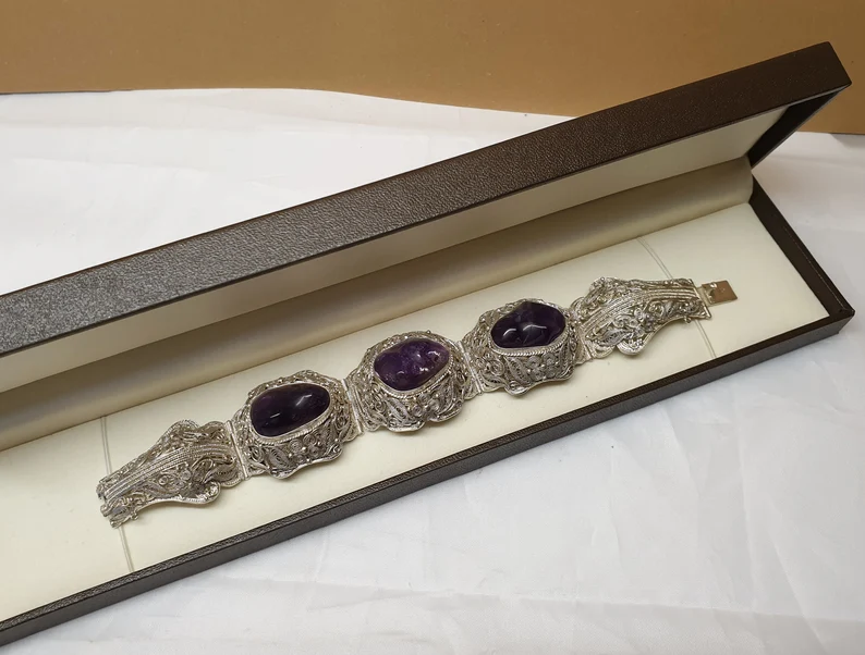 17,5 cm Armband Gliederarmband China Art Deco Silber Silver filigran Amethyst prachtvoll edel SA222