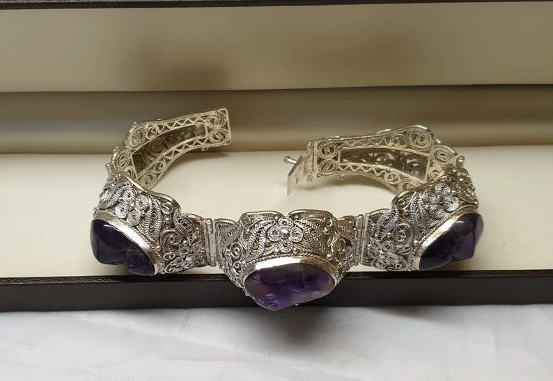 17,5 cm Armband Gliederarmband China Art Deco Silber Silver filigran Amethyst prachtvoll edel SA222 – Bild 2