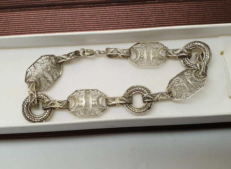 21 cm Armband Gliederarmband Silber 800 filigran Shabby Vintage Silberschmiede Kunst selten rar alt Unikat Rarität SA181