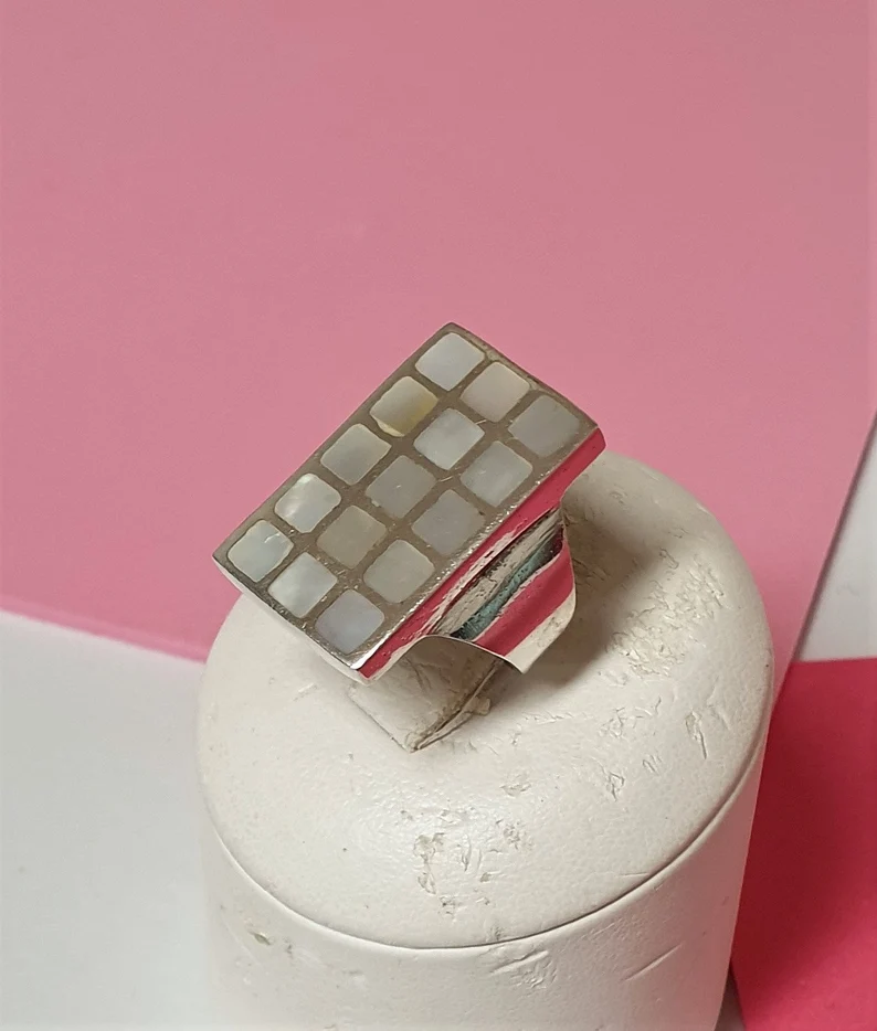 17,5 mm Ring Silber 925 Perlmutt weiß quadratisches Design edel Vintage SR150 – Bild 4