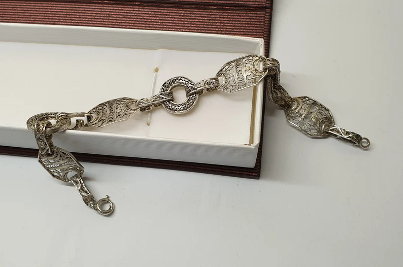 21 cm Armband Gliederarmband Silber 800 filigran Shabby Vintage Silberschmiede Kunst selten rar alt Unikat Rarität SA181 – Bild 4