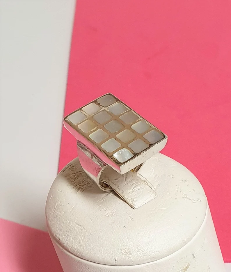 17,5 mm Ring Silber 925 Perlmutt weiß quadratisches Design edel Vintage SR150 – Bild 3
