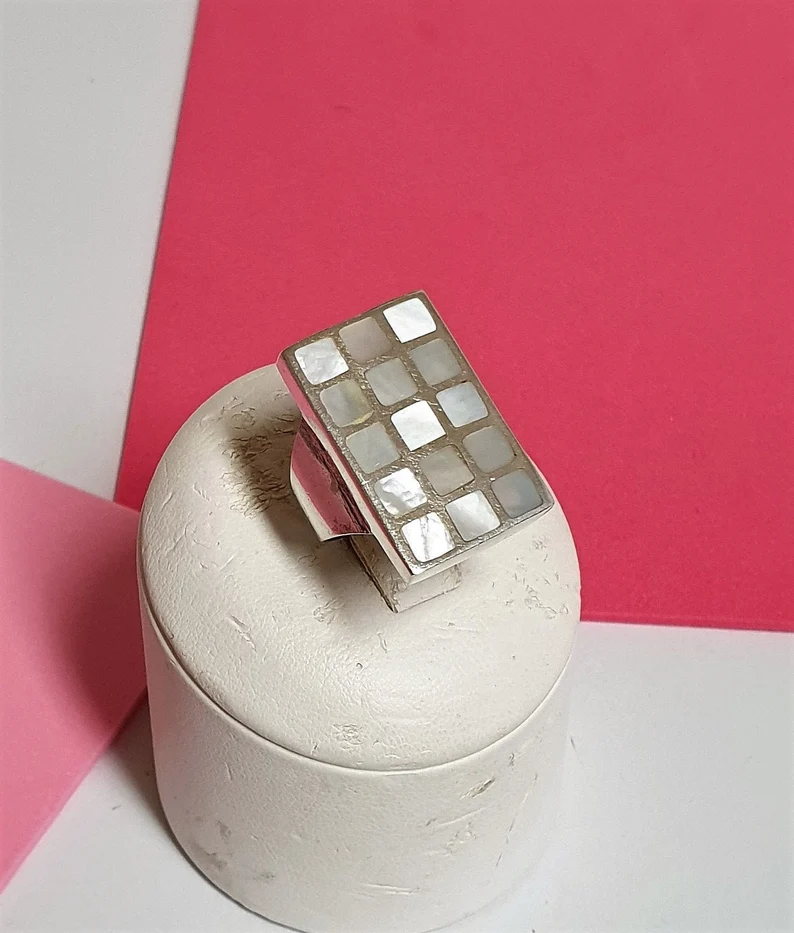 17,5 mm Ring Silber 925 Perlmutt weiß quadratisches Design edel Vintage SR150 – Bild 2