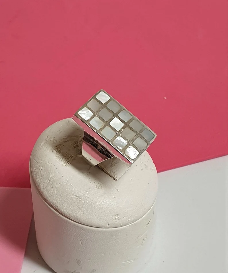 17,5 mm Ring Silber 925 Perlmutt weiß quadratisches Design edel Vintage SR150