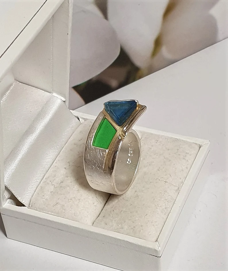 17 mm Designer Ring Wickeloptik Silber 925 gebürstet teilvergoldet Dreieck Farbstein blau & Lawastein hellgrün gefärbt Vintage elegant SR217 – Bild 4