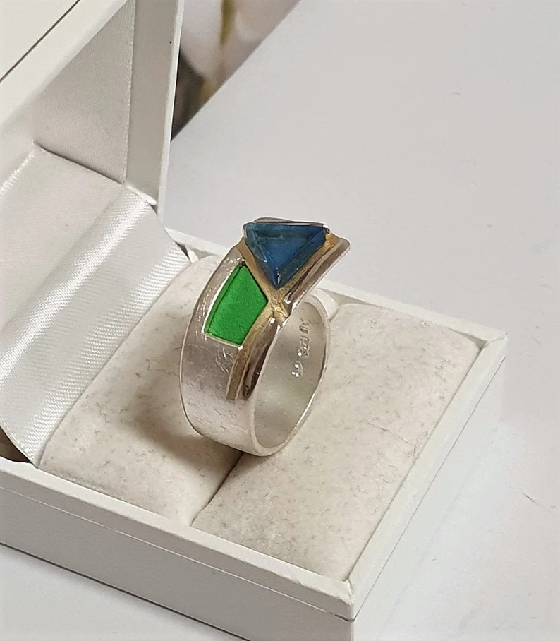 17 mm Designer Ring Wickeloptik Silber 925 gebürstet teilvergoldet Dreieck Farbstein blau & Lawastein hellgrün gefärbt Vintage elegant SR217