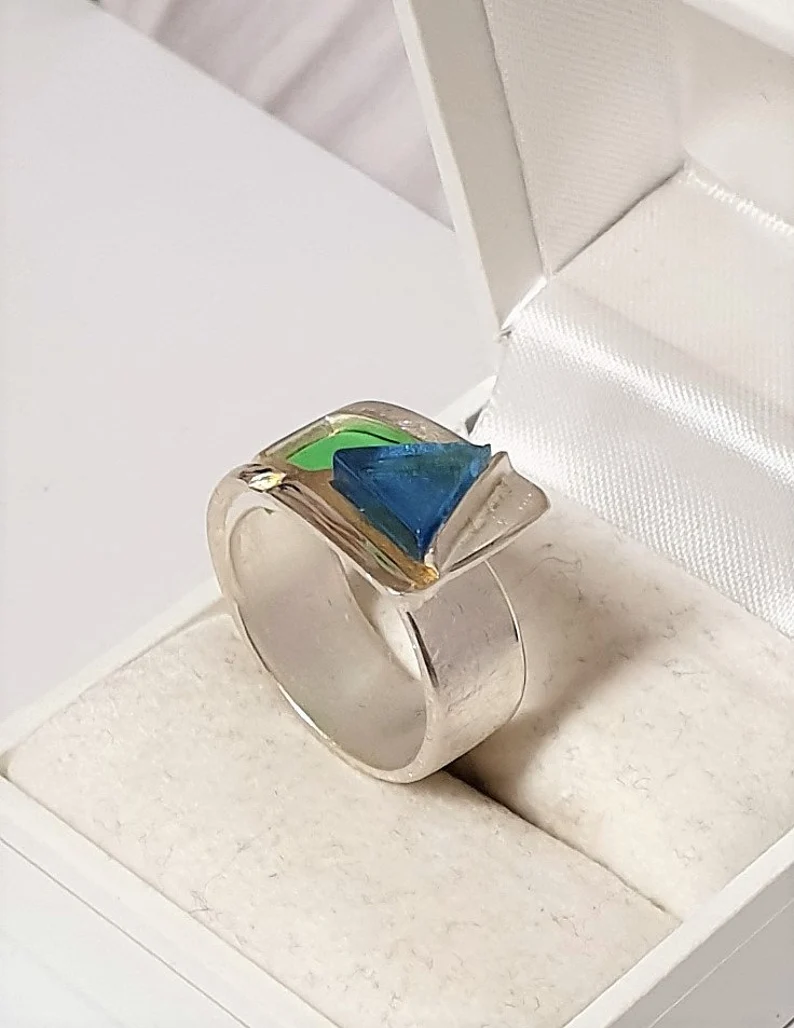 17 mm Designer Ring Wickeloptik Silber 925 gebürstet teilvergoldet Dreieck Farbstein blau & Lawastein hellgrün gefärbt Vintage elegant SR217 – Bild 2