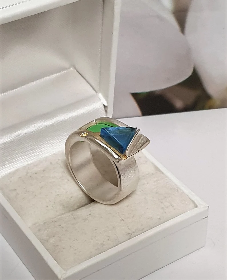 17 mm Designer Ring Wickeloptik Silber 925 gebürstet teilvergoldet Dreieck Farbstein blau & Lawastein hellgrün gefärbt Vintage elegant SR217 – Bild 3