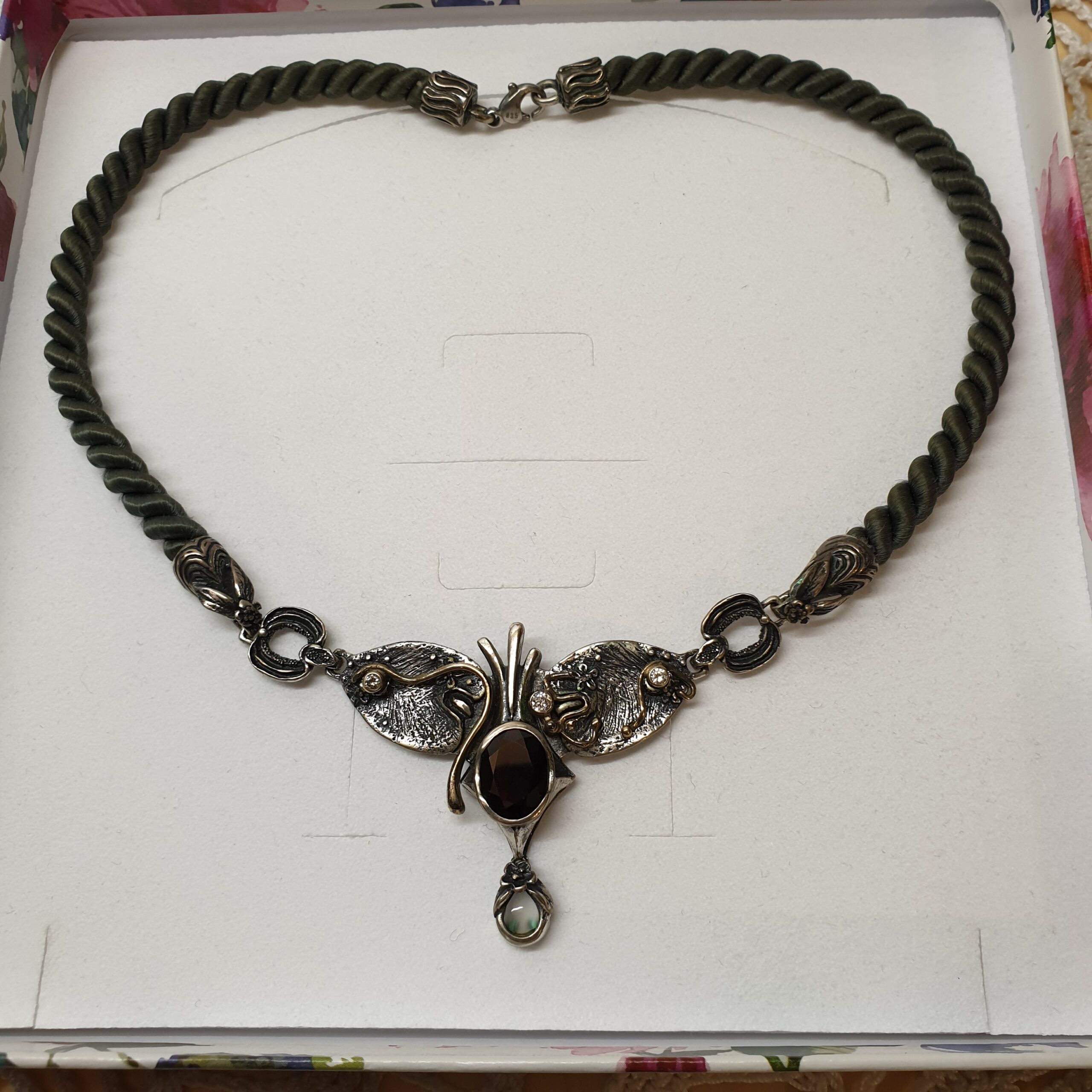 40 cm Kordelkette Kette Halskette Silberkette Collier Haare Silber 835 Granat Rheinkiesel Kristalle klar Shabby Vintage Silberschmiede SK1478 – Bild 4