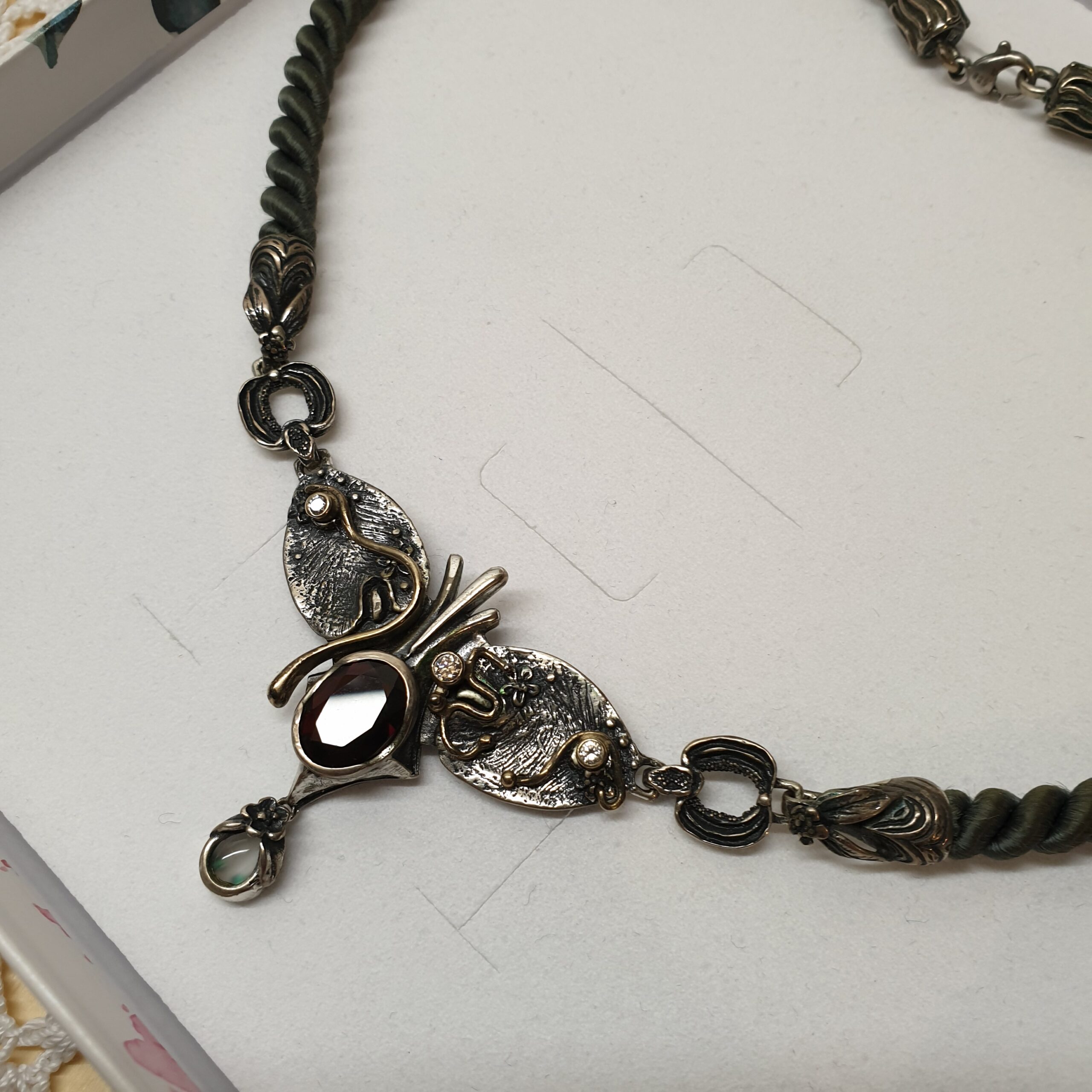 40 cm Kordelkette Kette Halskette Silberkette Collier Haare Silber 835 Granat Rheinkiesel Kristalle klar Shabby Vintage Silberschmiede SK1478 – Bild 3