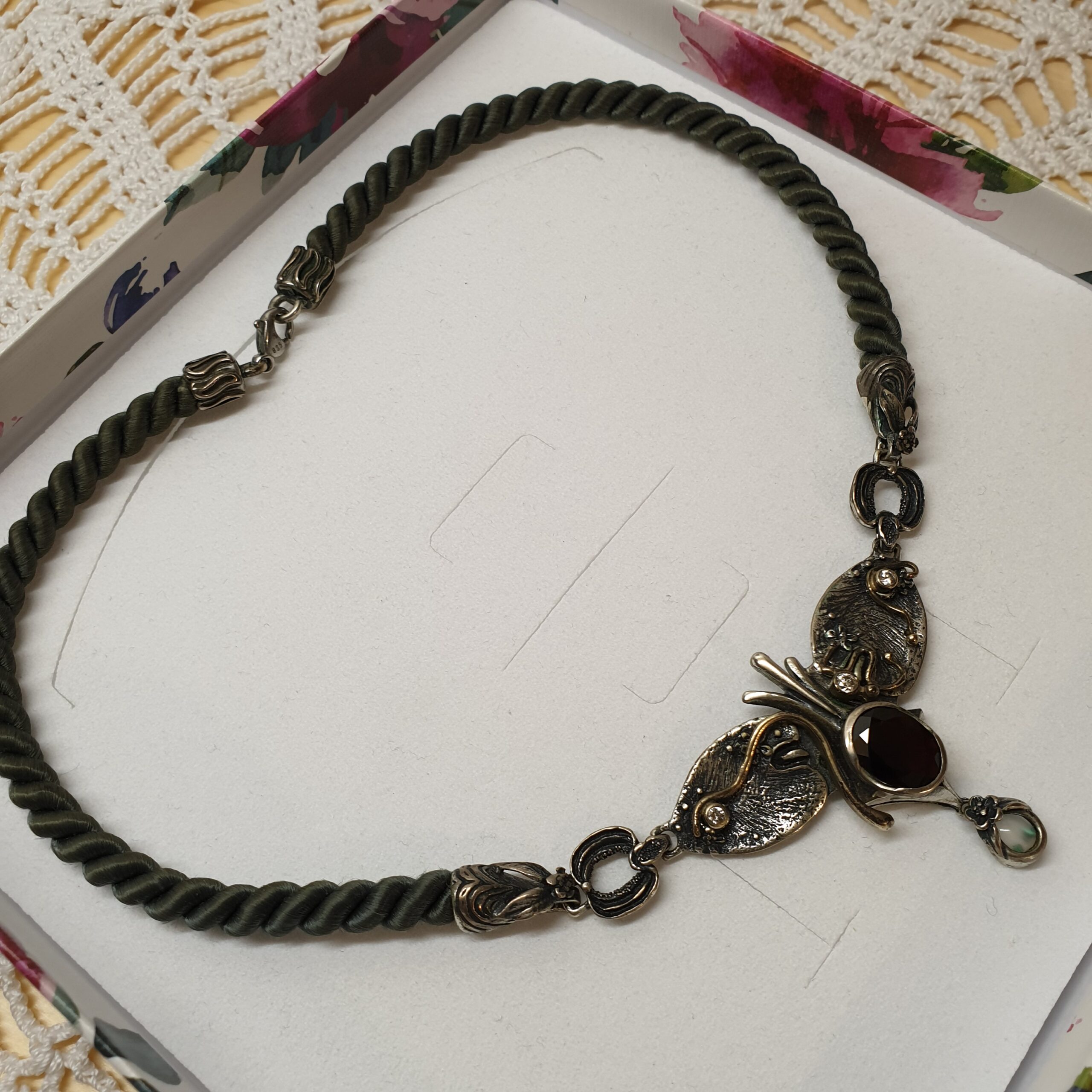 40 cm Kordelkette Kette Halskette Silberkette Collier Haare Silber 835 Granat Rheinkiesel Kristalle klar Shabby Vintage Silberschmiede SK1478 – Bild 2