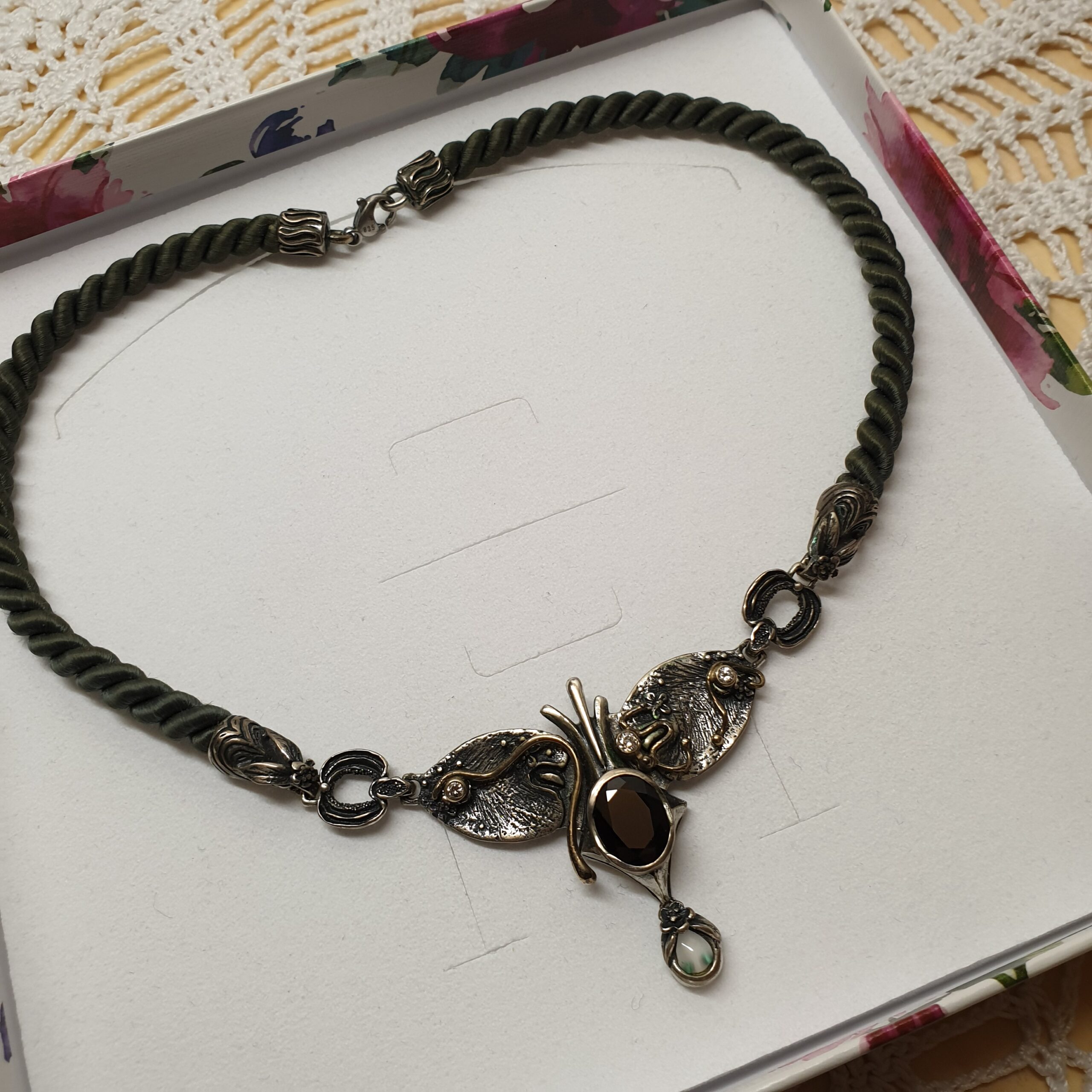 40 cm Kordelkette Kette Halskette Silberkette Collier Haare Silber 835 Granat Rheinkiesel Kristalle klar Shabby Vintage Silberschmiede SK1478