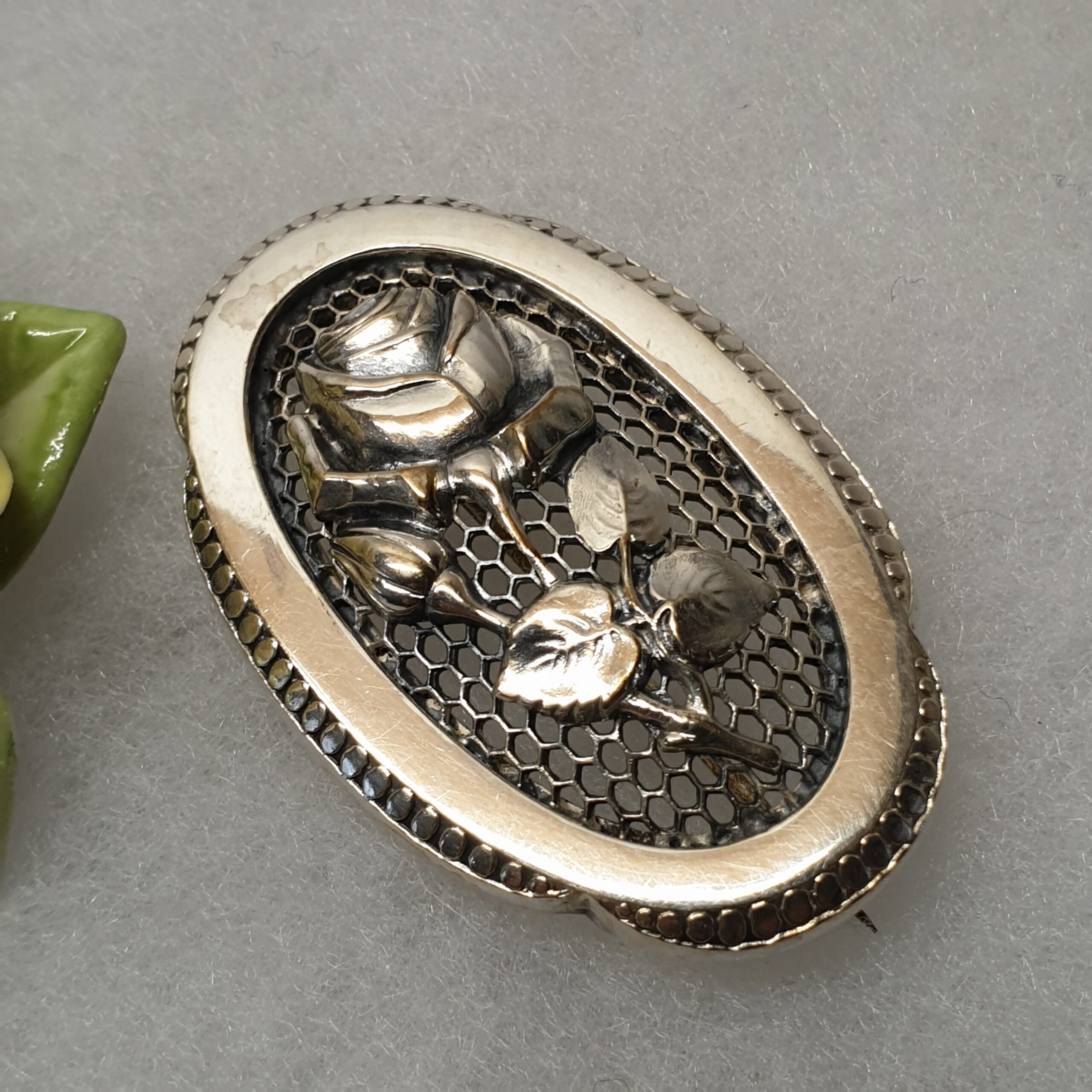 Shabby Vintage nostalgische Brosche Anstecknadel Silber 800 Gitter Design Rose floral Unikat selten rar SB150 – Bild 3