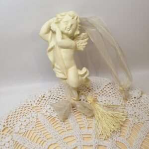 Engel aus Gips & Polyresin zum Aufhängen mit Tüllband und Quaste Vintage selten rar EN01