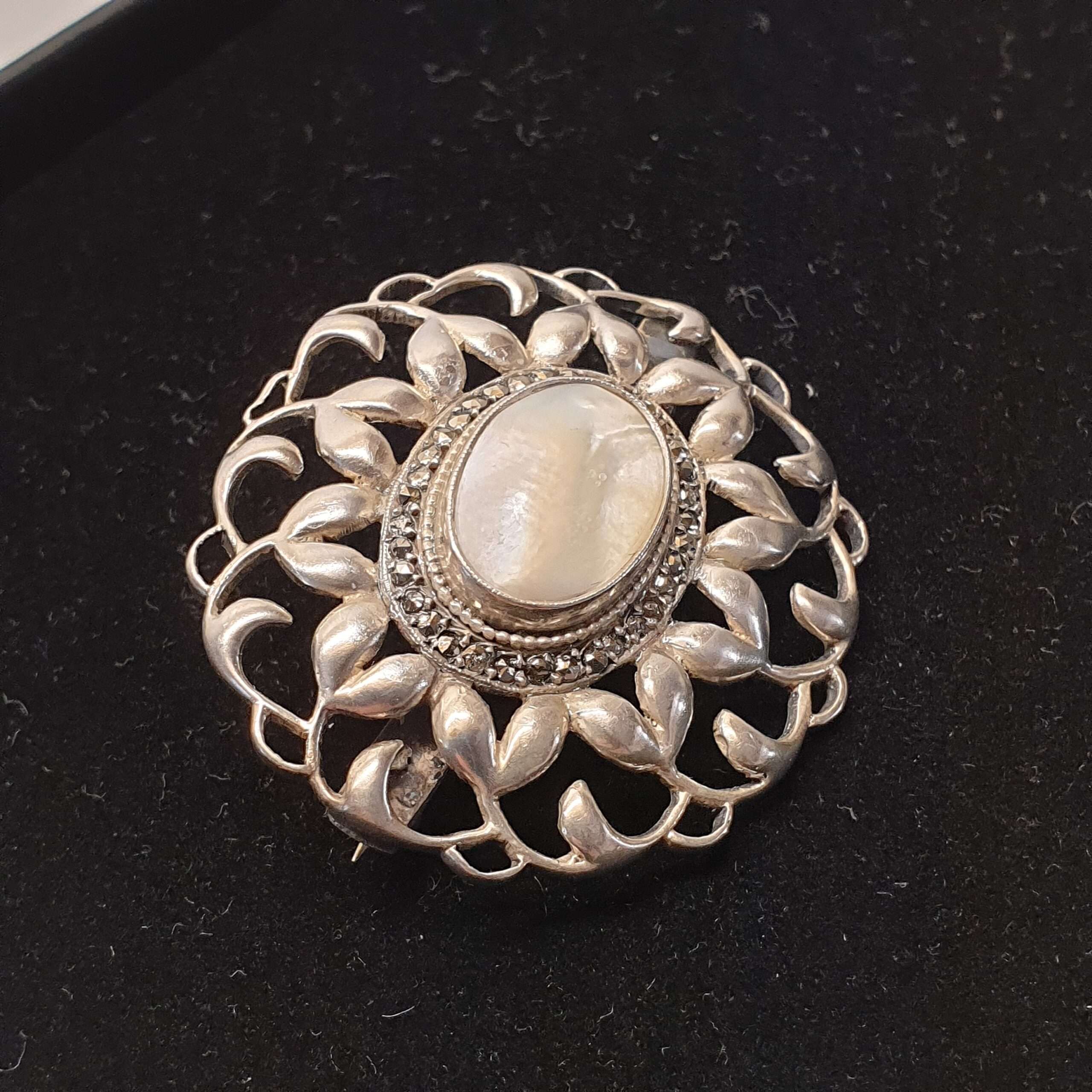 Jugendstil Shabby Vintage antike Brosche Anstecknadel Karl Karst Silber 800 Perlmutt & Markasiten Design außergewöhnlich Rarität SB401 – Bild 3
