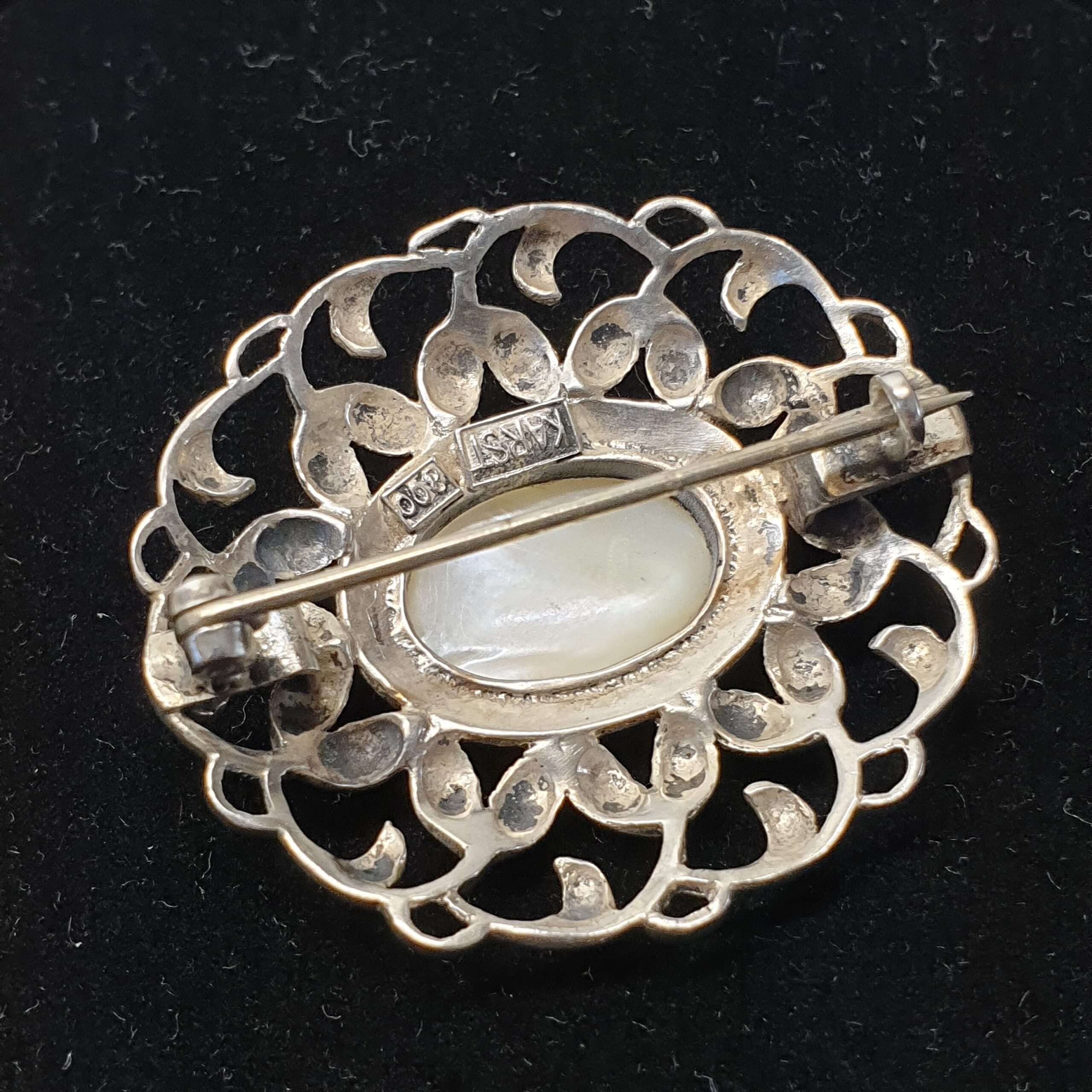Jugendstil Shabby Vintage antike Brosche Anstecknadel Karl Karst Silber 800 Perlmutt & Markasiten Design außergewöhnlich Rarität SB401 – Bild 4