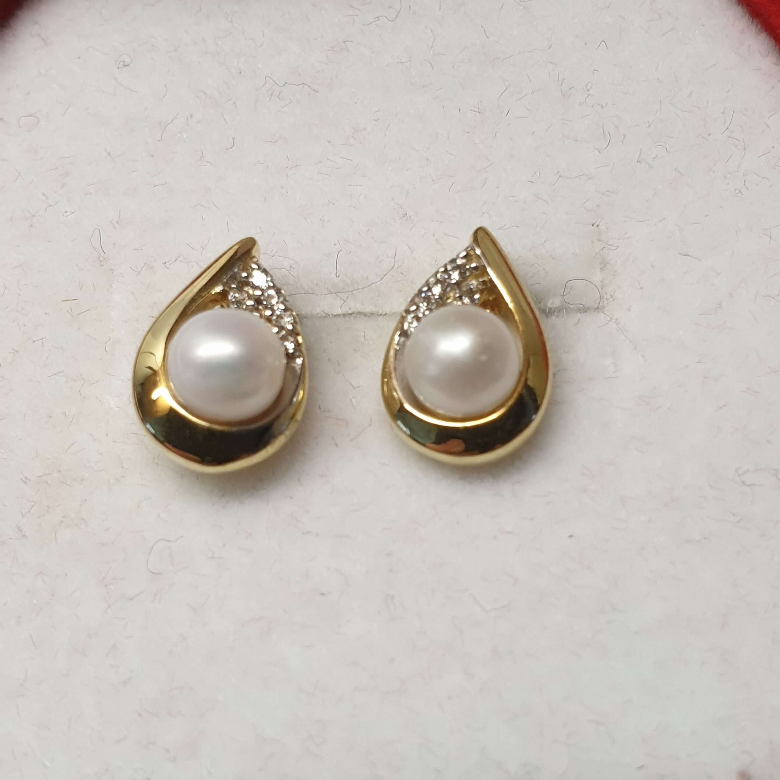 Ohrringe Ohrstecker Gold 333 Perle & Kristallsteinchen klar edel Vintage OR117 – Bild 2