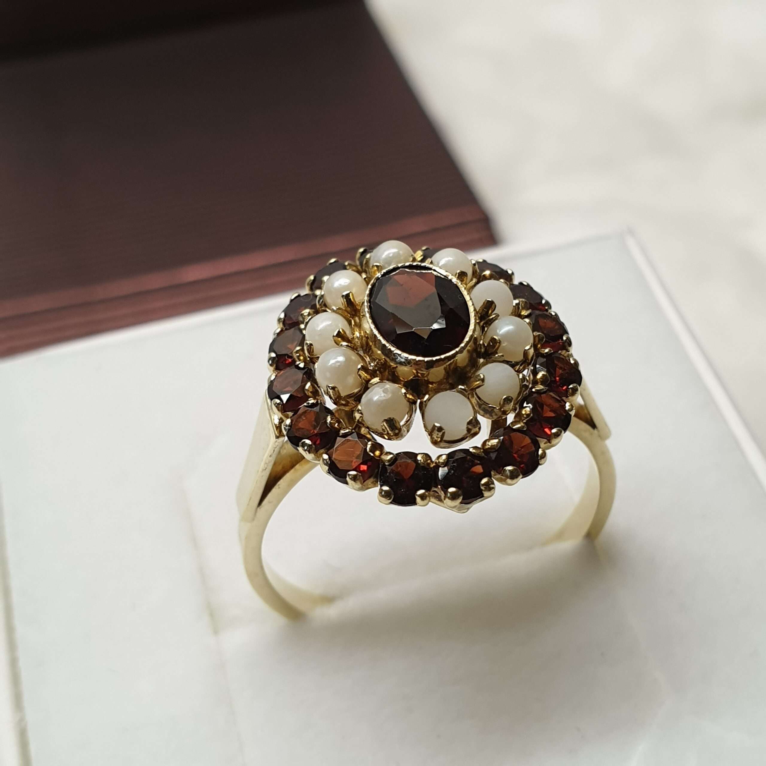 18,8 mm Shabby Vintage nostalgischer Ring Gold 585 Granat & Perlen weiß elegant selten rar GR199 – Bild 4