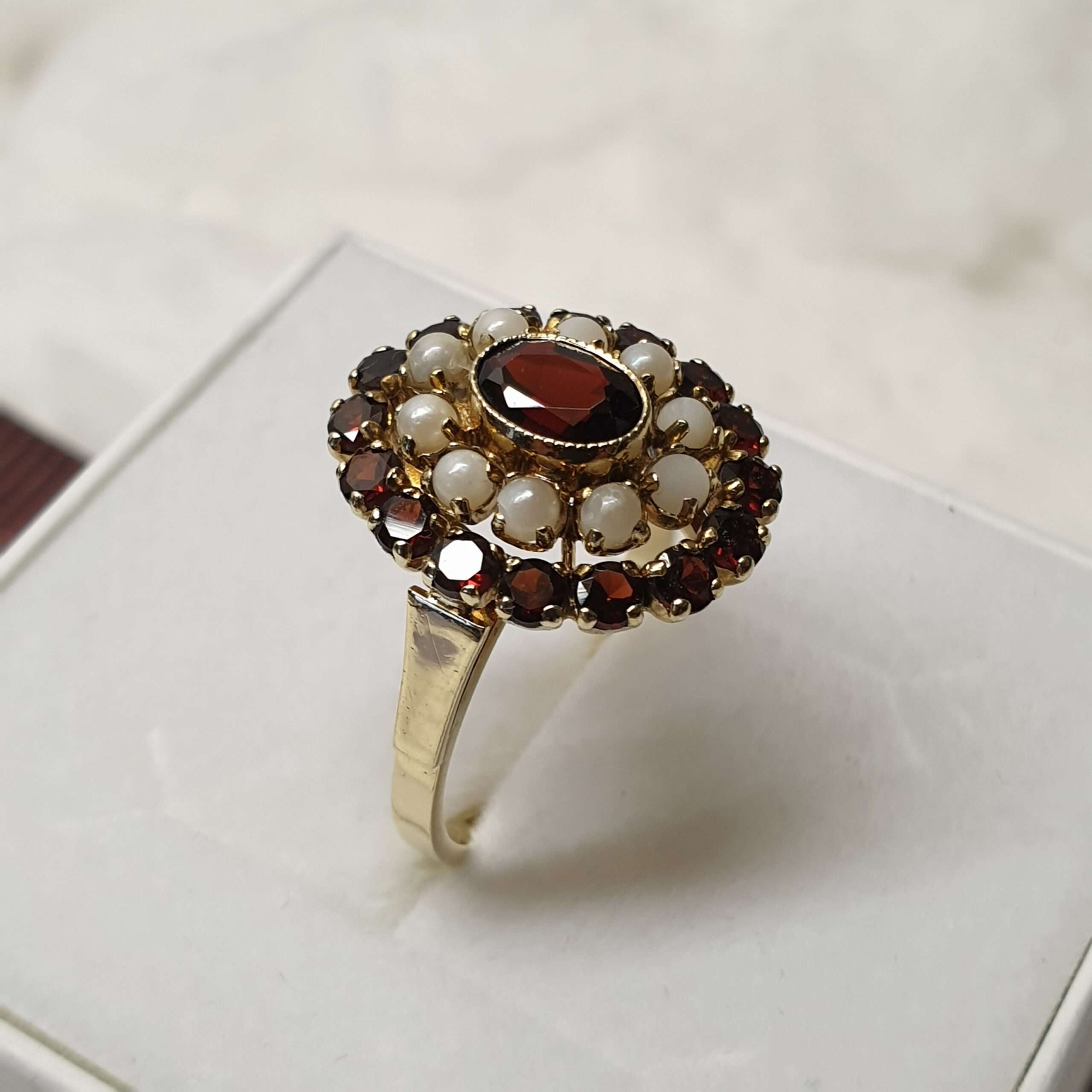 18,8 mm Shabby Vintage nostalgischer Ring Gold 585 Granat & Perlen weiß elegant selten rar GR199 – Bild 3