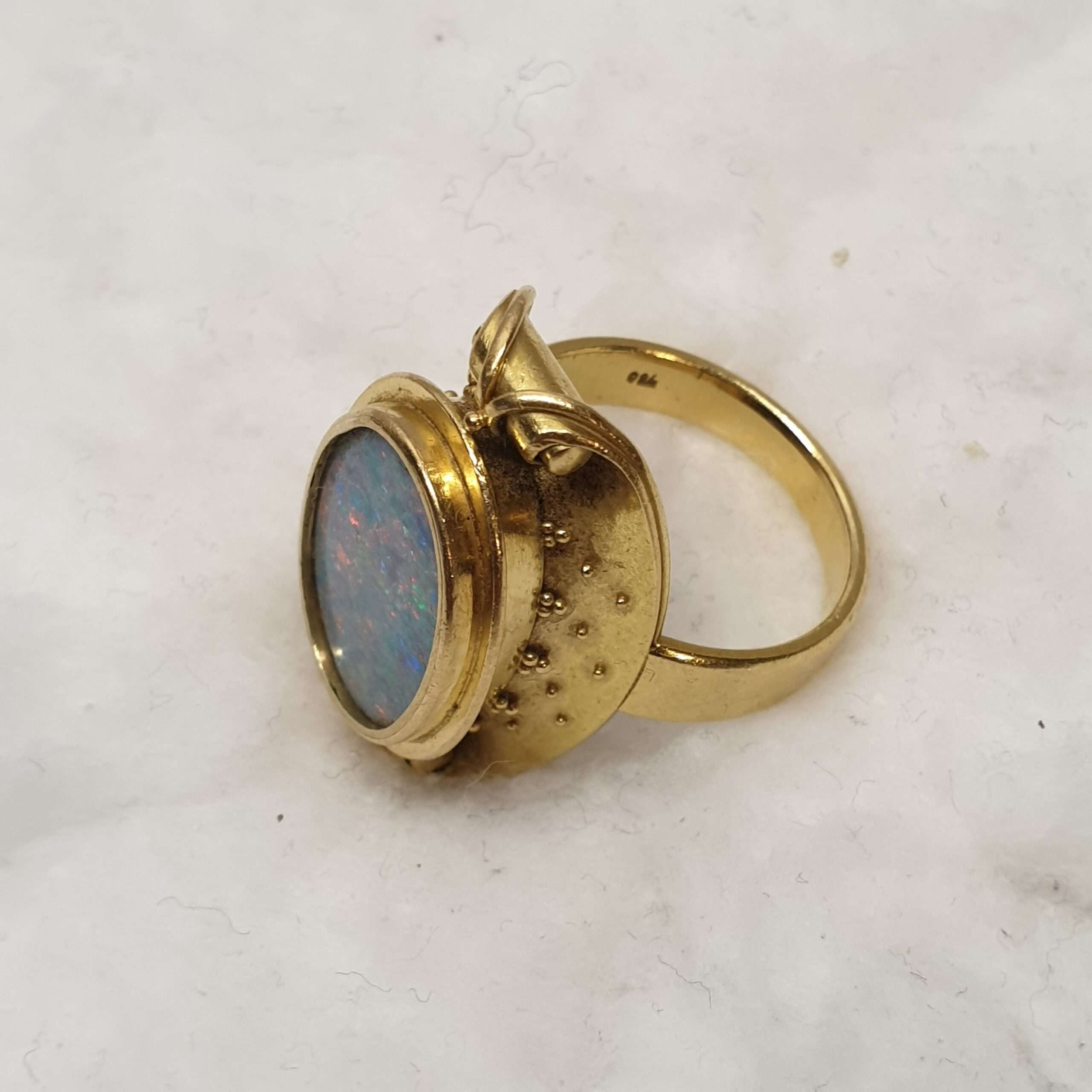 18,5 mm Wunderschöner Goldring Ring Gold 750 Opal blau Regenbogenopal Nostalgie Shabby Vintage Goldschmiede Kunst selten rar GR510 – Bild 3