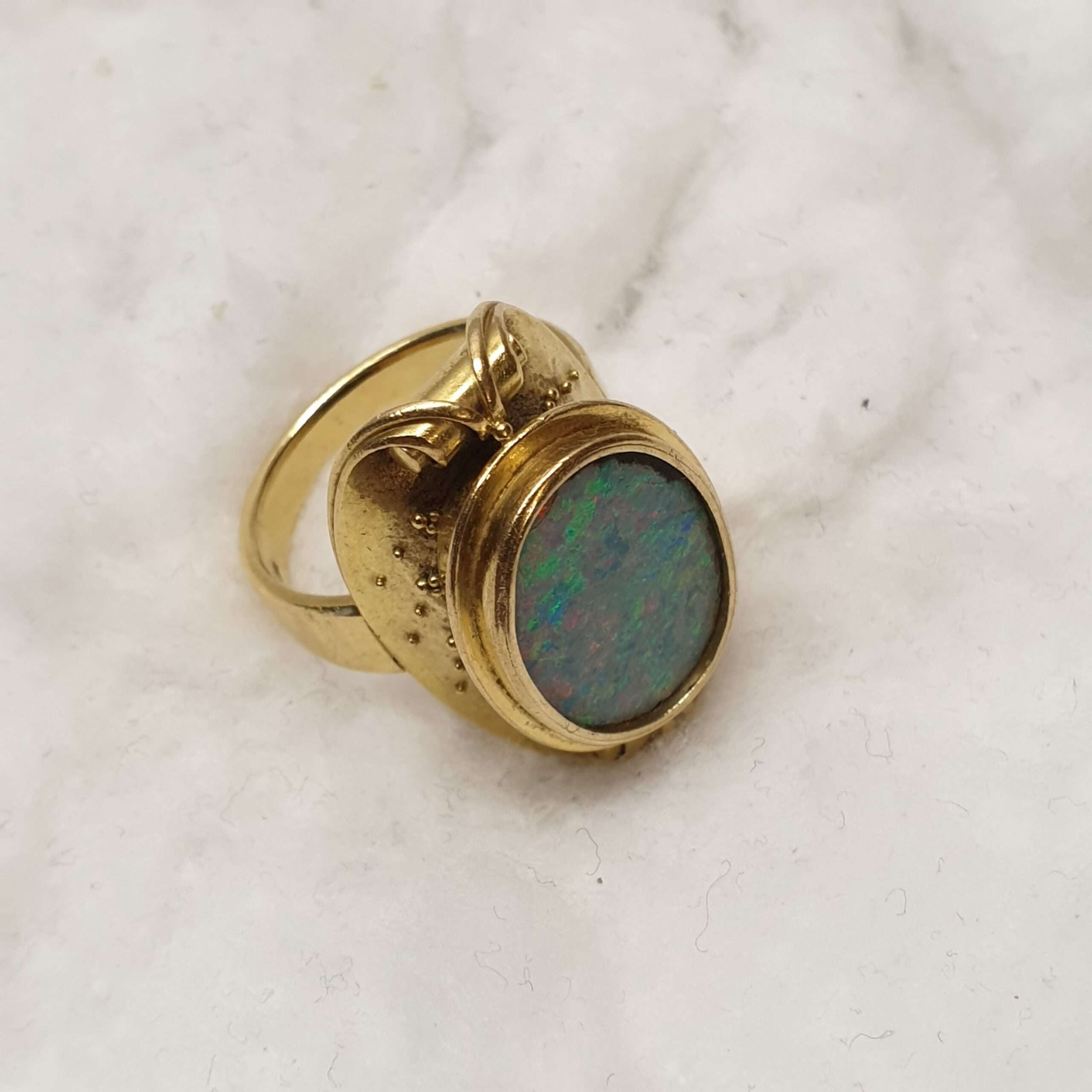18,5 mm Wunderschöner Goldring Ring Gold 750 Opal blau Regenbogenopal Nostalgie Shabby Vintage Goldschmiede Kunst selten rar GR510 – Bild 5