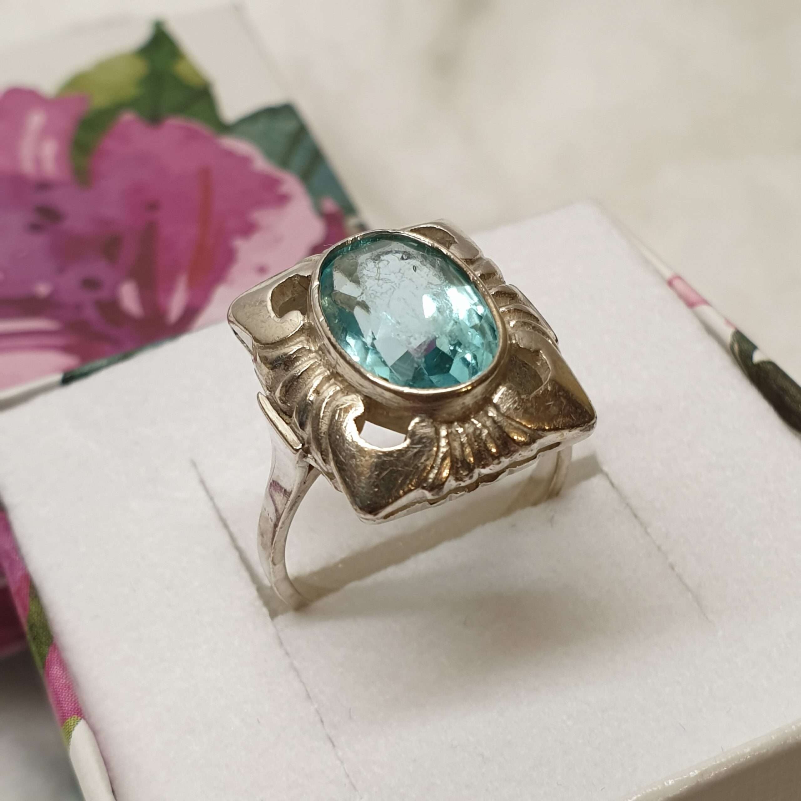 17 mm Art Deco Silberring Ring Silber 835 Kristall blau Shabby Vintage elegant SR1121