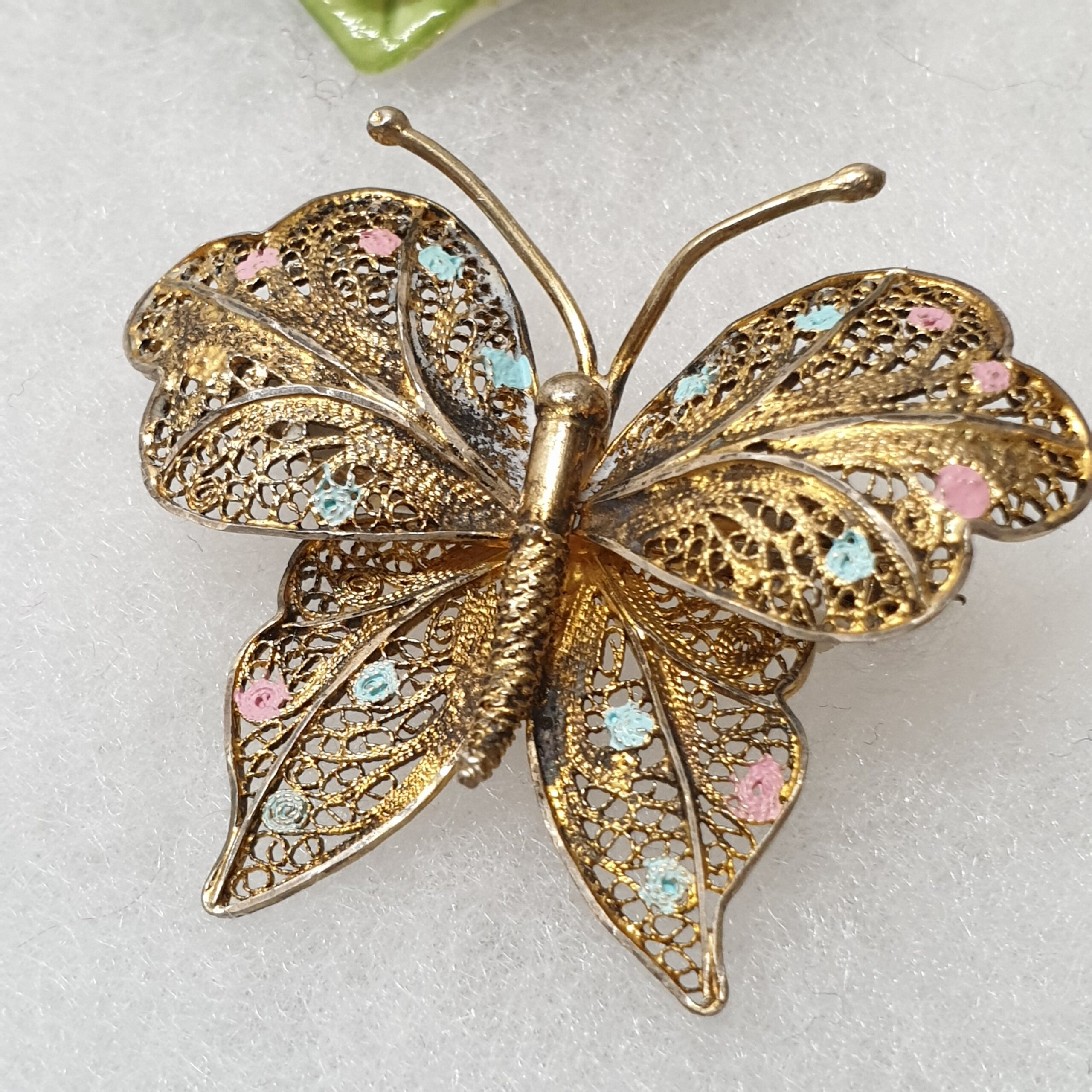 Shabby Vintage Anstecknadel Brosche Silberbrosche Schmetterling groß Silber vergoldet Emaille Punkte filigran nostalgisch selten rar SB316 – Bild 3