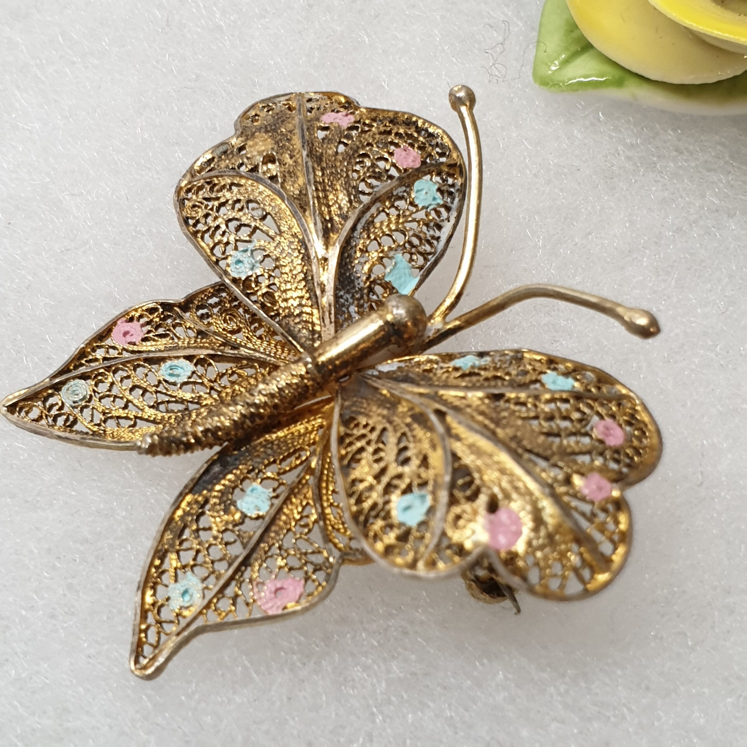Shabby Vintage Anstecknadel Brosche Silberbrosche Schmetterling groß Silber vergoldet Emaille Punkte filigran nostalgisch selten rar SB316 – Bild 2