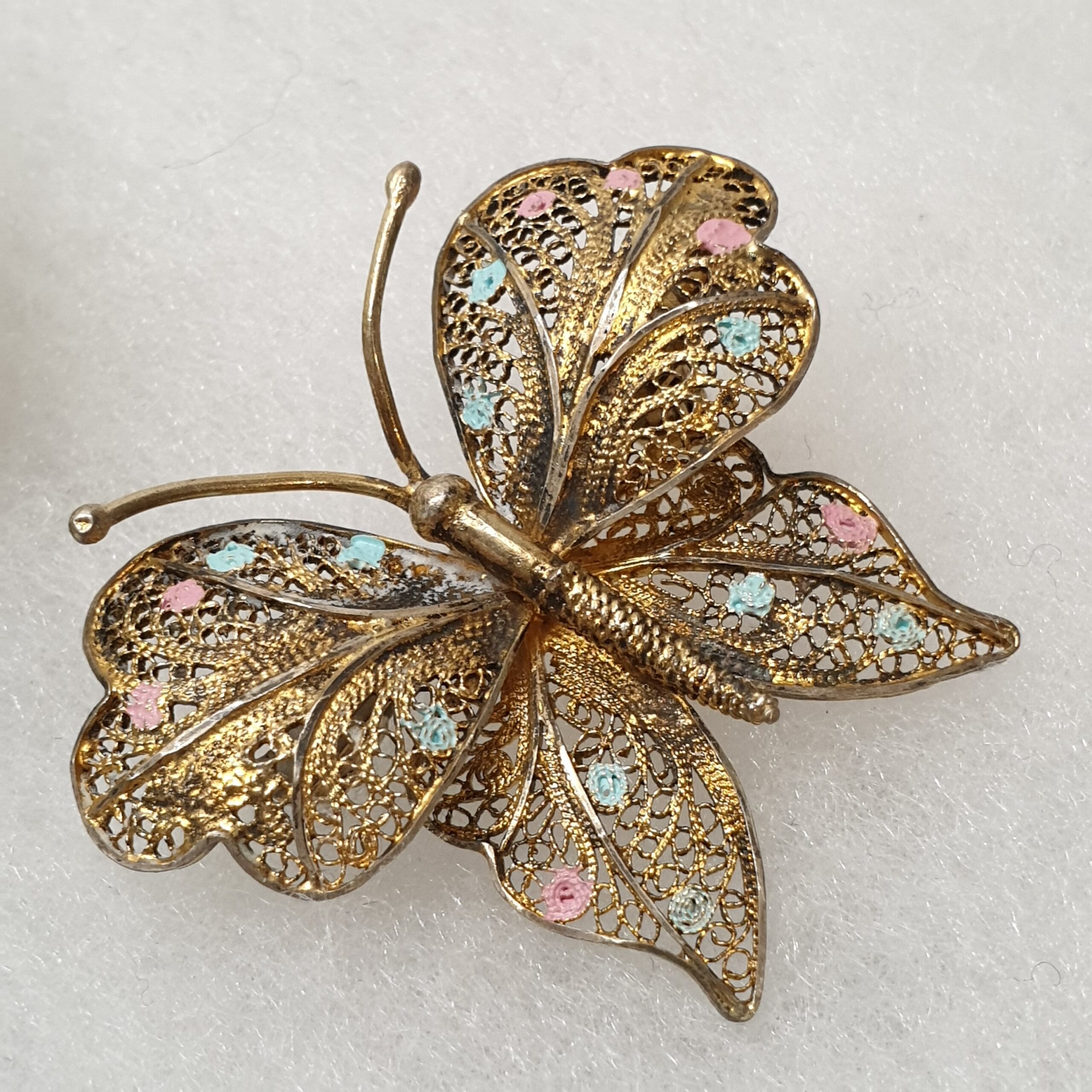 Shabby Vintage Anstecknadel Brosche Silberbrosche Schmetterling groß Silber vergoldet Emaille Punkte filigran nostalgisch selten rar SB316