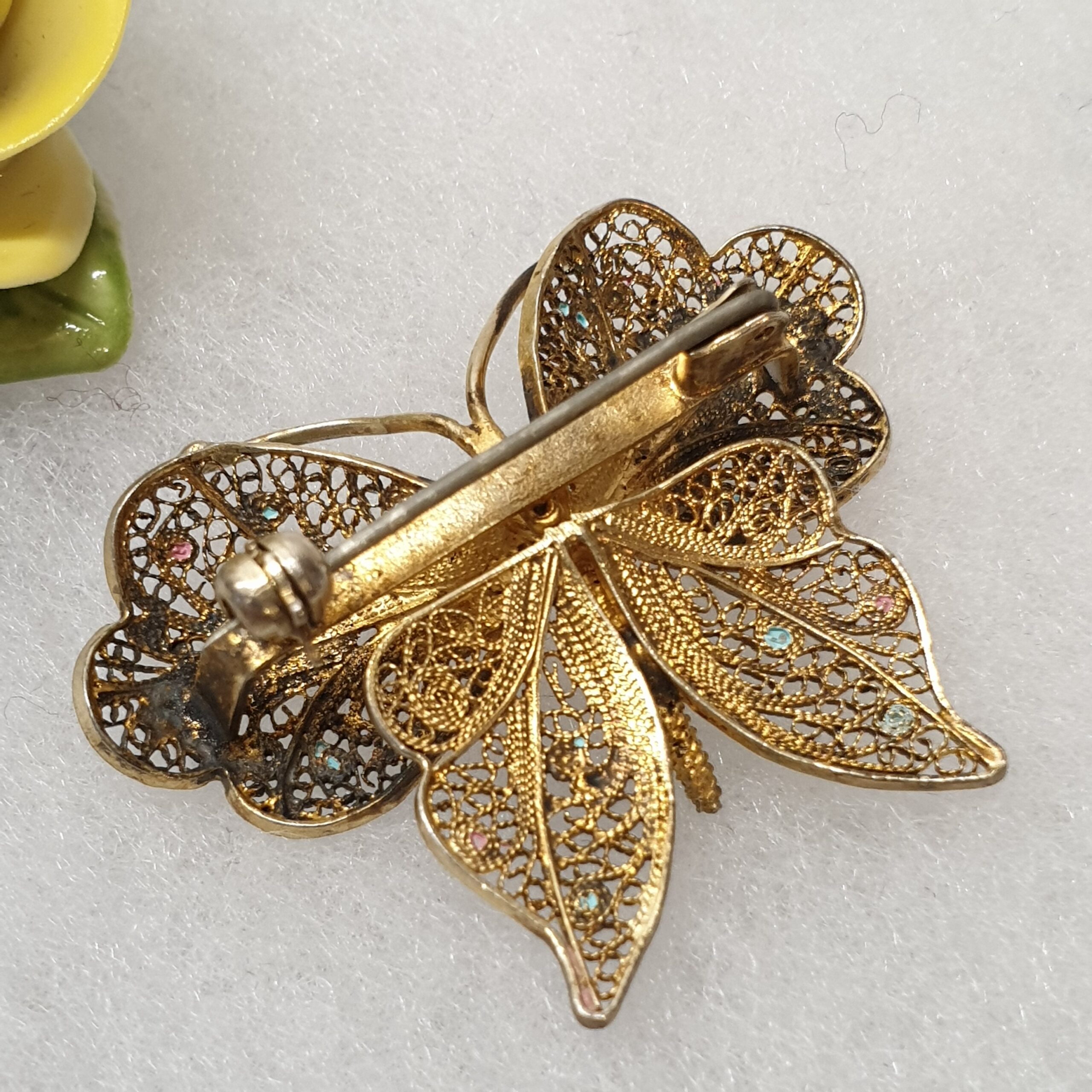Shabby Vintage Anstecknadel Brosche Silberbrosche Schmetterling groß Silber vergoldet Emaille Punkte filigran nostalgisch selten rar SB316 – Bild 4