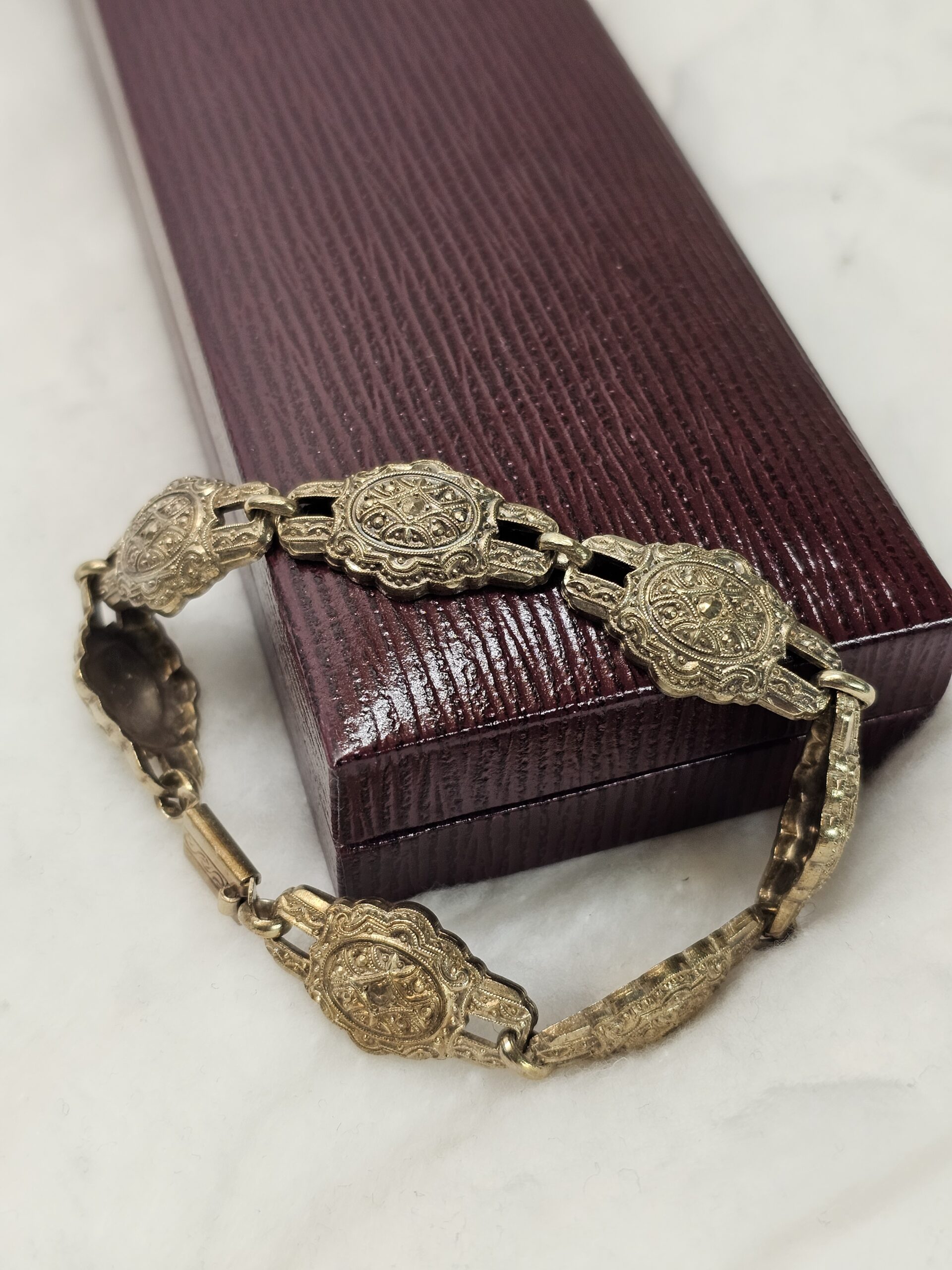 18,5 cm Shabby Vintage Armband Gliederarmband Silber 835 vergoldet Markasiten nostalgisch selten rar SA154 – Bild 3