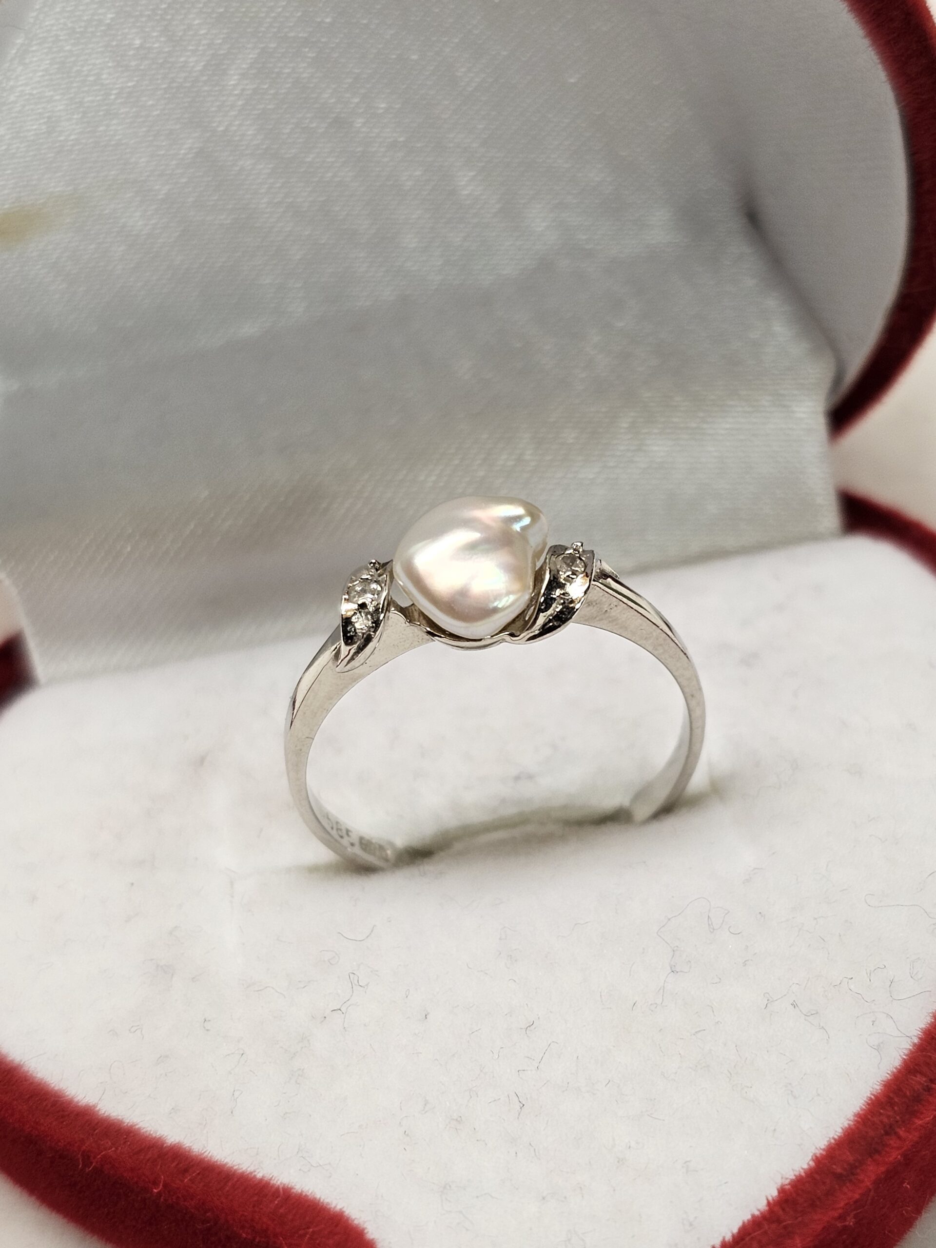 17,7 mm Goldring Ring Gold Weißgold 585 Keshi Perle & kleine Diamantsteinchen Vintage Unikat edel GR219 – Bild 5