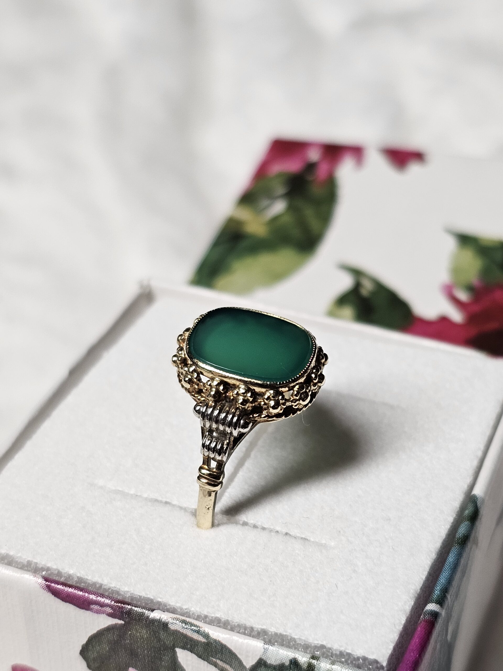 19,2 mm Art Deco Nostalgischer Ring Gold 585 teilplatiniert Lagenstein Chrysopras Shabby Vintage elegant GR186 – Bild 2