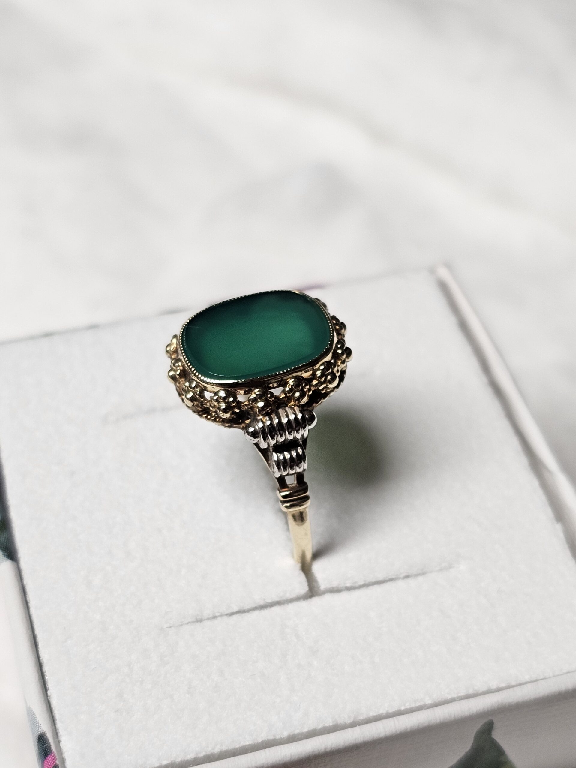 19,2 mm Art Deco Nostalgischer Ring Gold 585 teilplatiniert Lagenstein Chrysopras Shabby Vintage elegant GR186 – Bild 3