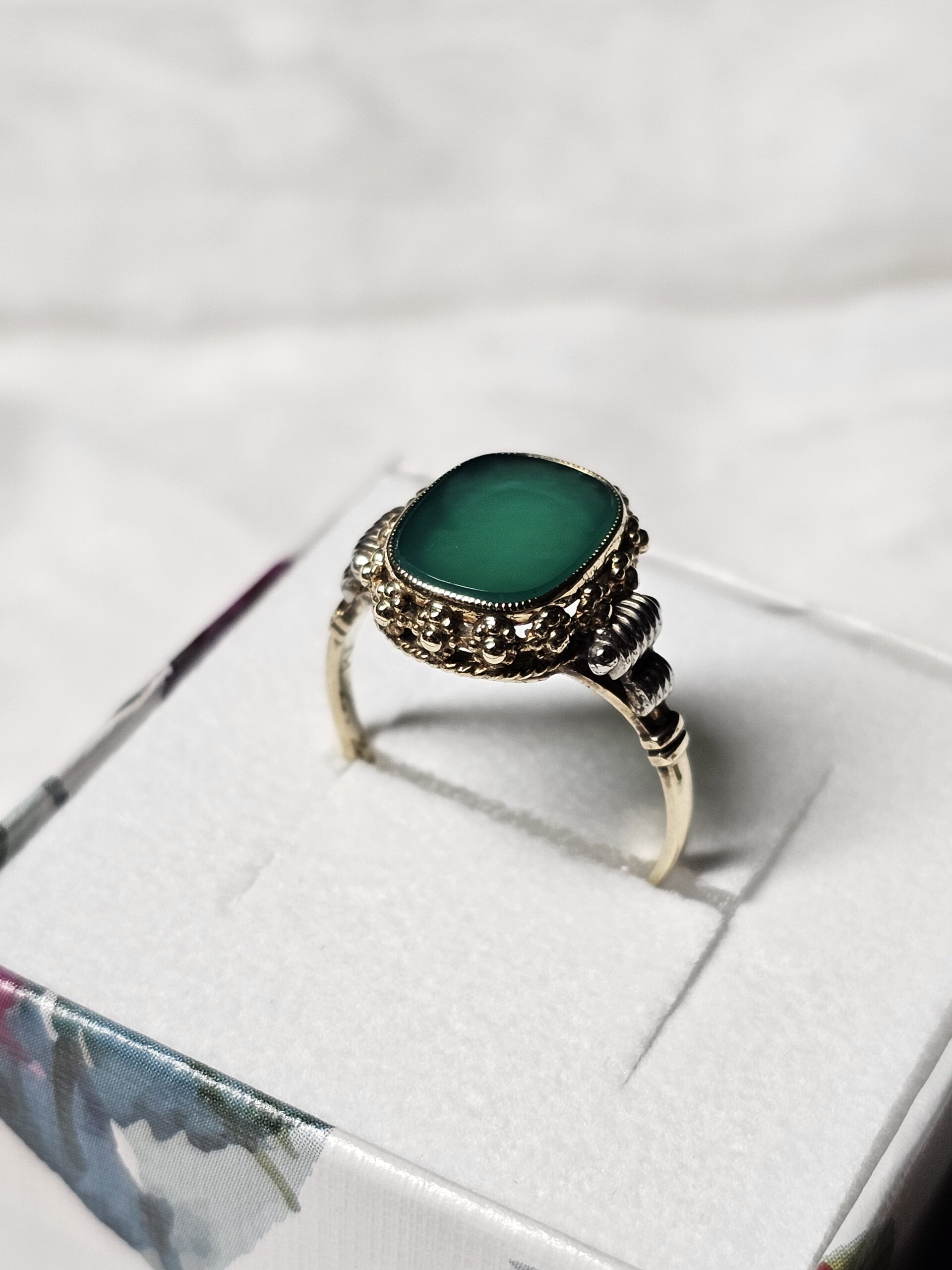 19,2 mm Art Deco Nostalgischer Ring Gold 585 teilplatiniert Lagenstein Chrysopras Shabby Vintage elegant GR186 – Bild 4