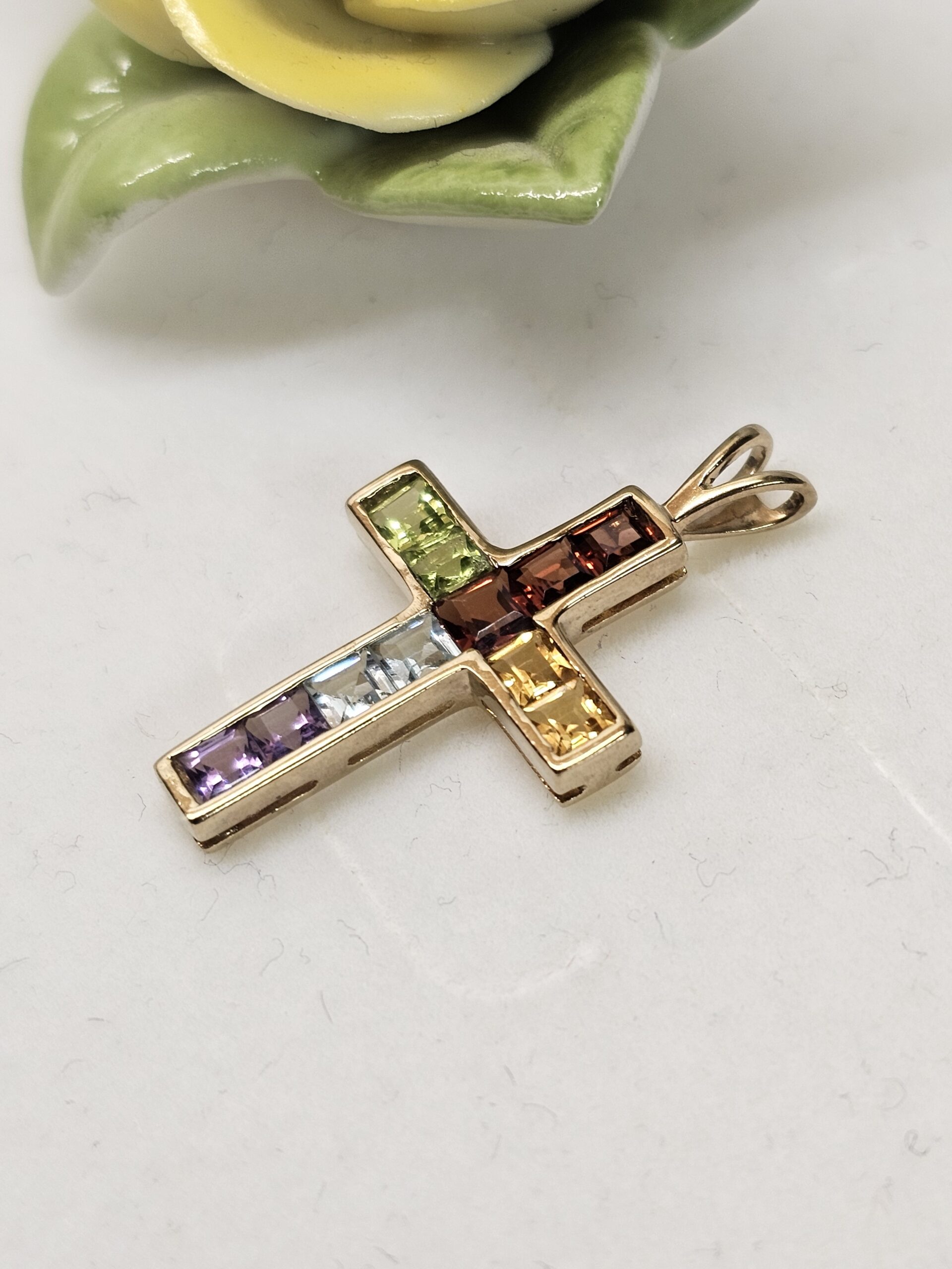Goldanhänger Kreuzanhänger Anhänger Kreuz Gold 333 Hessonit Granat Peridot Citrin Blautopas Amethyst Vintage elegant GAN169 – Bild 3
