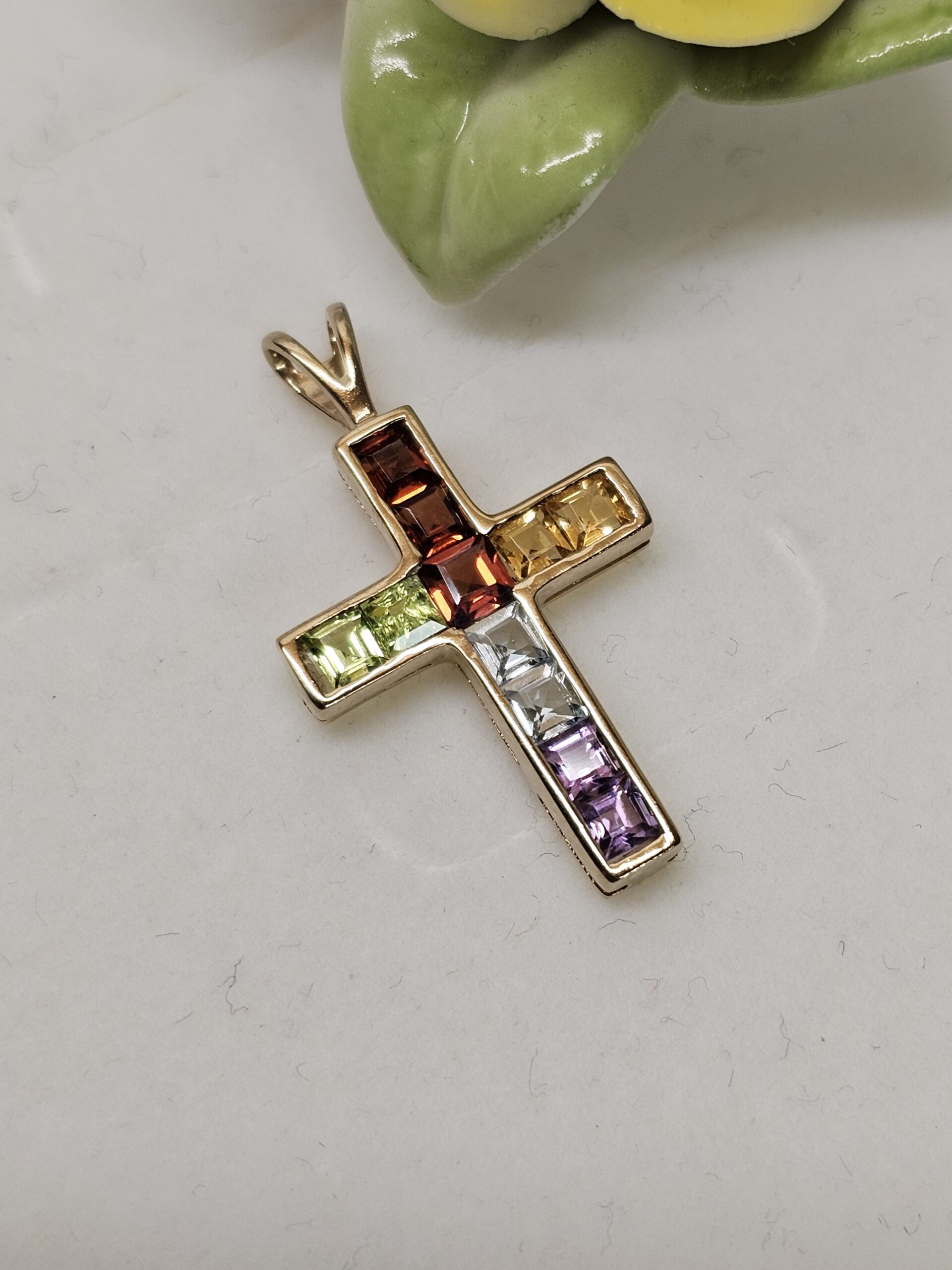 Goldanhänger Kreuzanhänger Anhänger Kreuz Gold 333 Hessonit Granat Peridot Citrin Blautopas Amethyst Vintage elegant GAN169