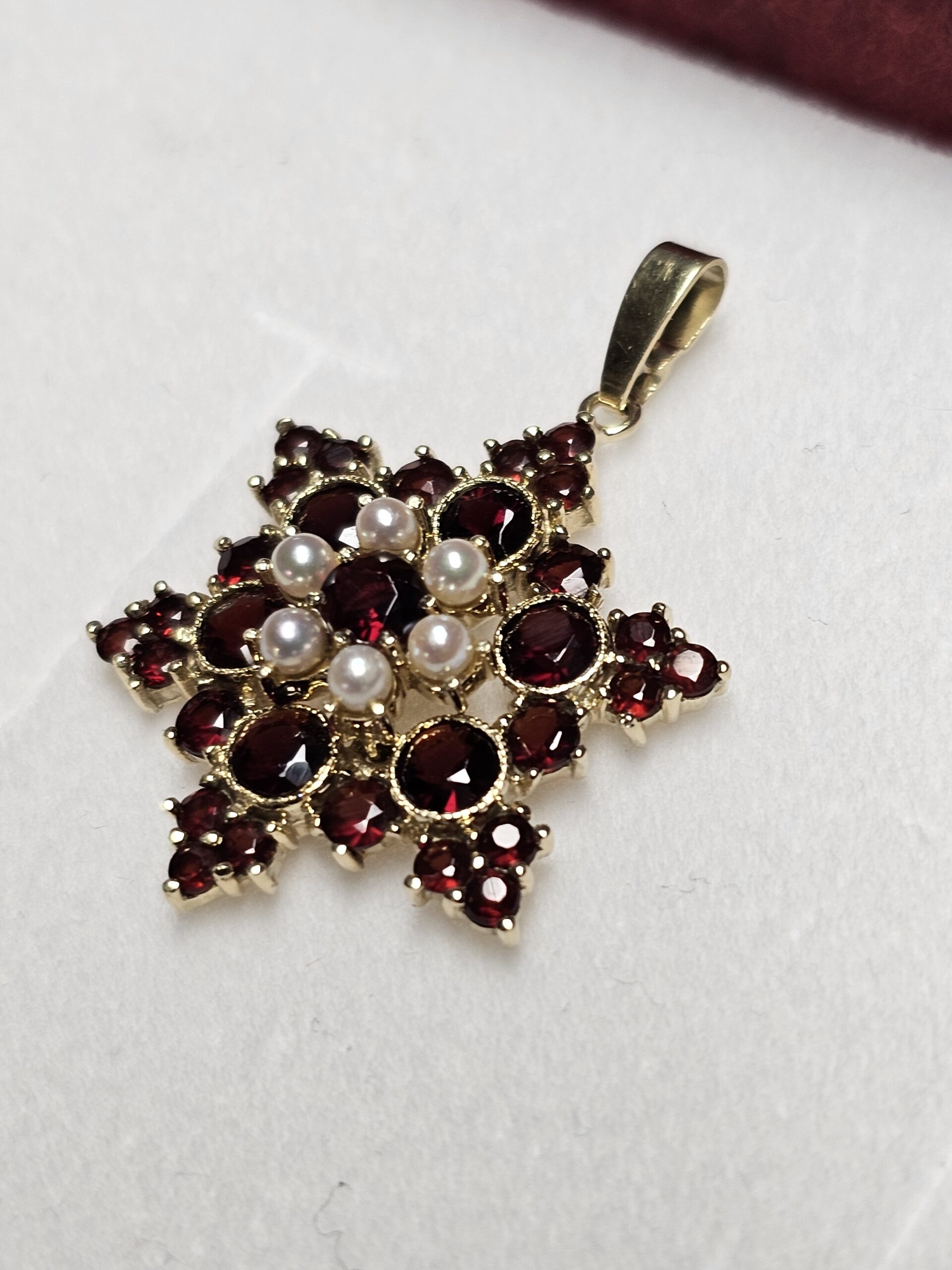 Nostalgischer Shabby Vintage Anhänger Goldanhänger Stern ohne Kette Gold 585 Granat & Perlen elegant selten rar GAN190