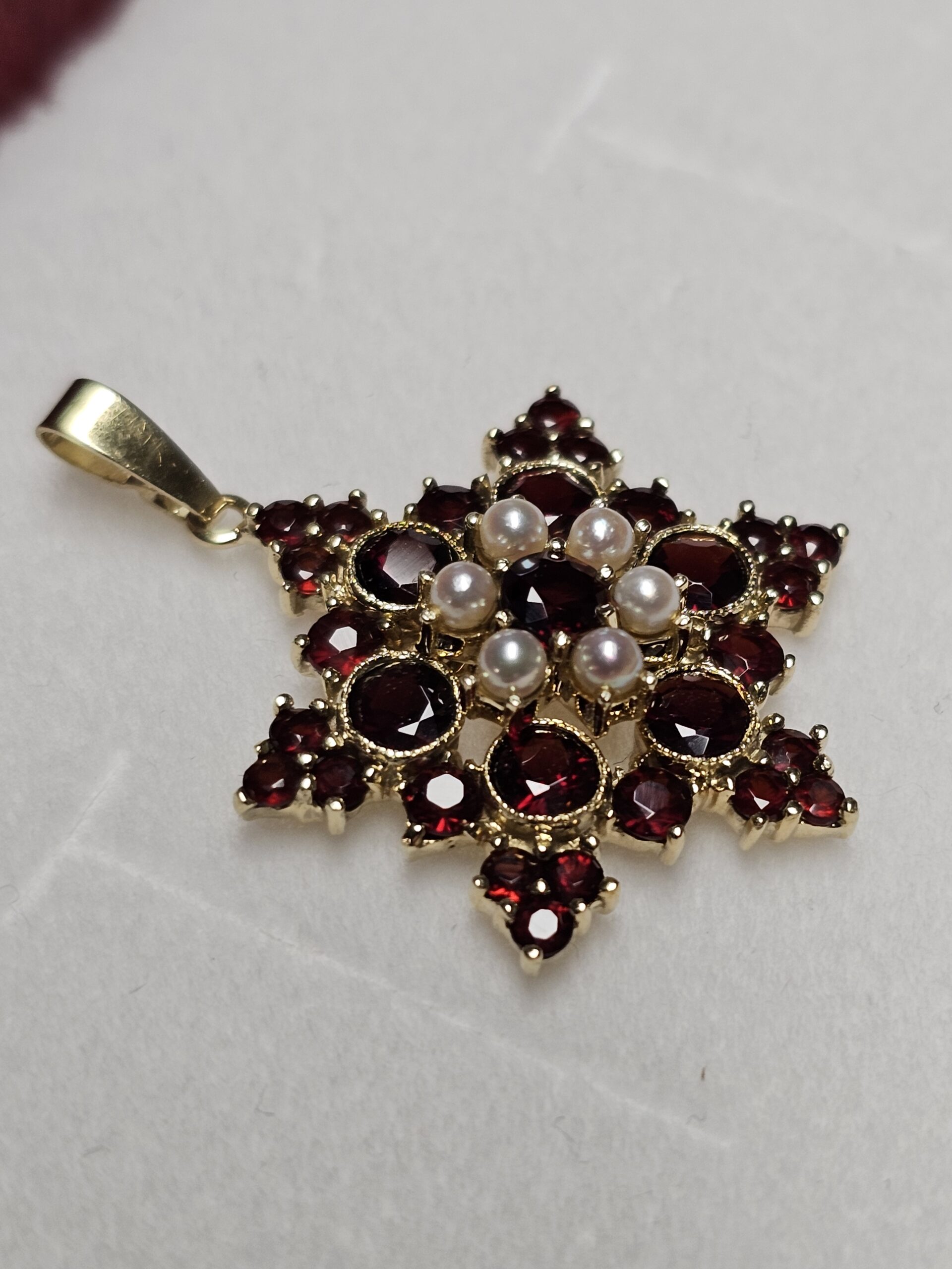 Nostalgischer Shabby Vintage Anhänger Goldanhänger Stern ohne Kette Gold 585 Granat & Perlen elegant selten rar GAN190 – Bild 2