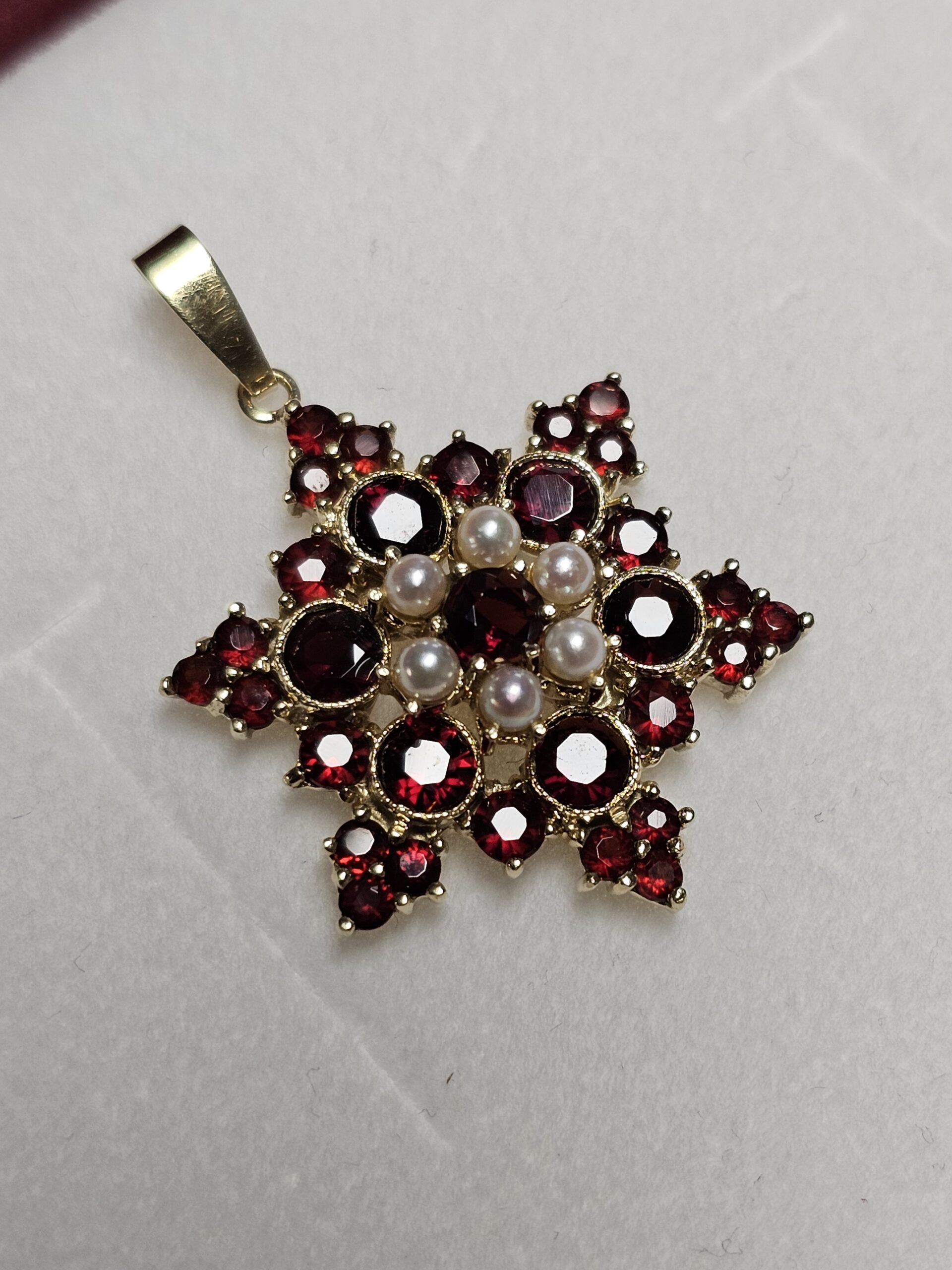 Nostalgischer Shabby Vintage Anhänger Goldanhänger Stern ohne Kette Gold 585 Granat & Perlen elegant selten rar GAN190 – Bild 3