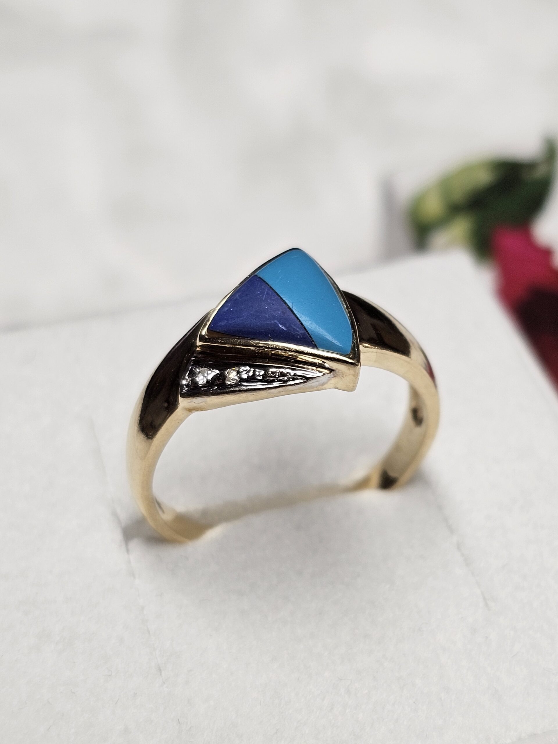 18,5 mm Schicker Vintage Ring Gold 585 mit Türkis & Lapislazuli Einlage Diamant Steinchen elegantes Design GR190