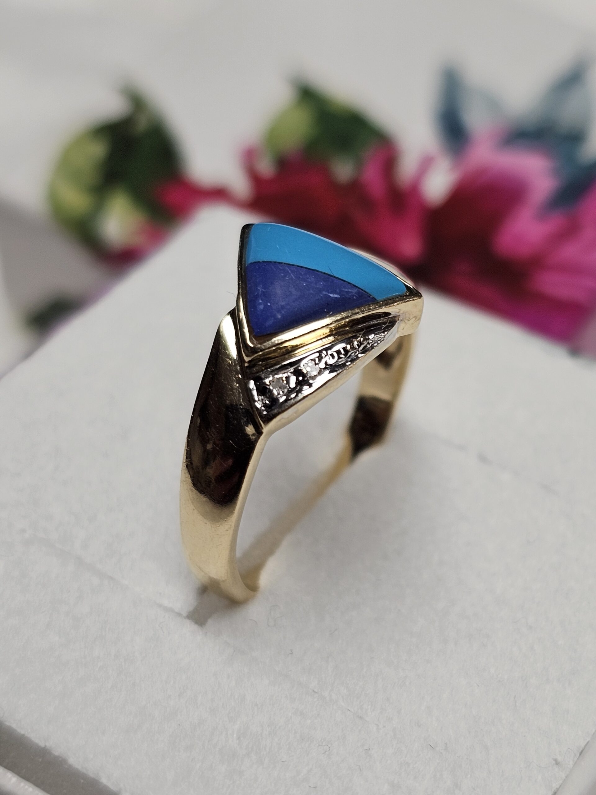 18,5 mm Schicker Vintage Ring Gold 585 mit Türkis & Lapislazuli Einlage Diamant Steinchen elegantes Design GR190 – Bild 2