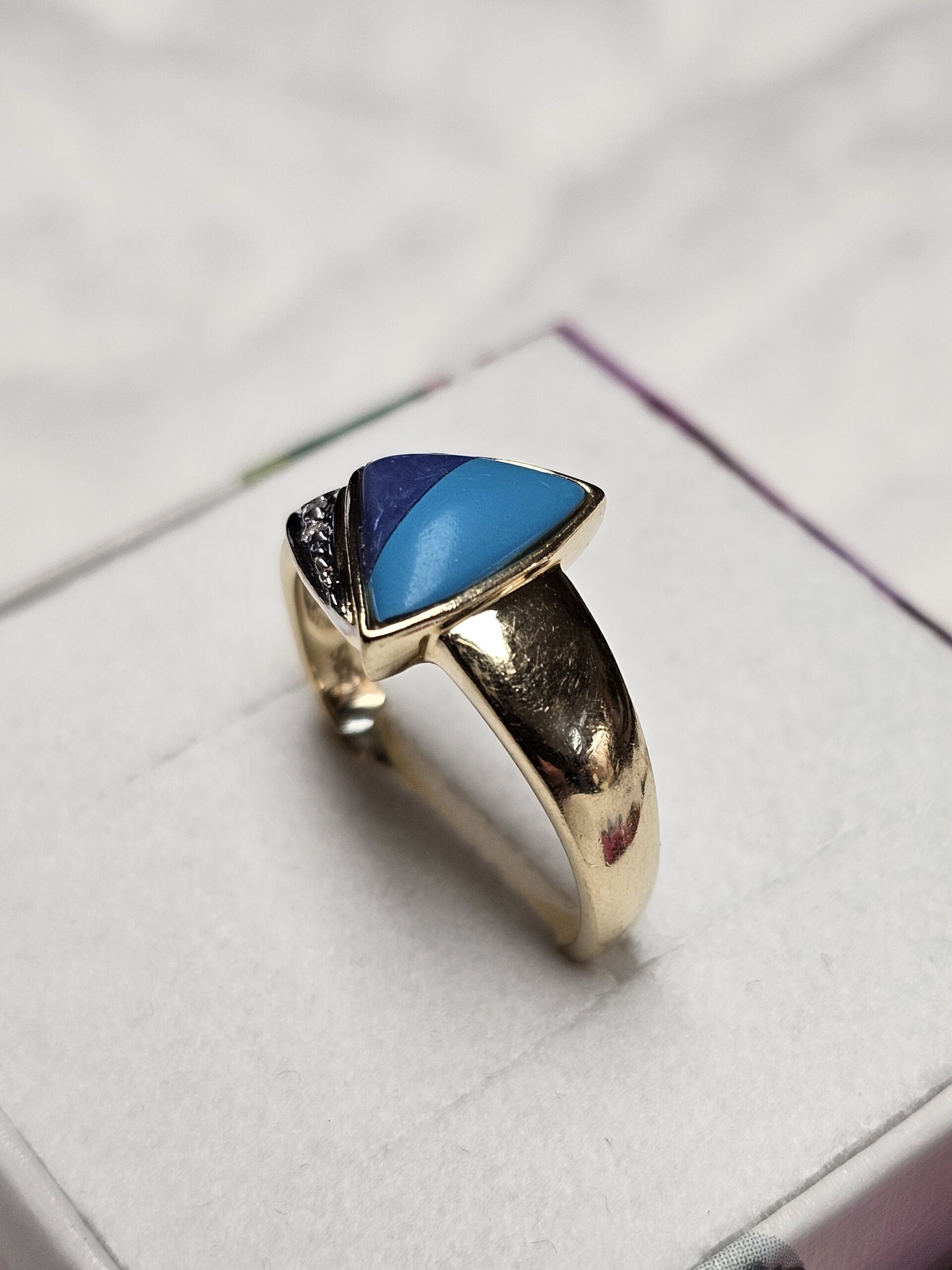 18,5 mm Schicker Vintage Ring Gold 585 mit Türkis & Lapislazuli Einlage Diamant Steinchen elegantes Design GR190 – Bild 3