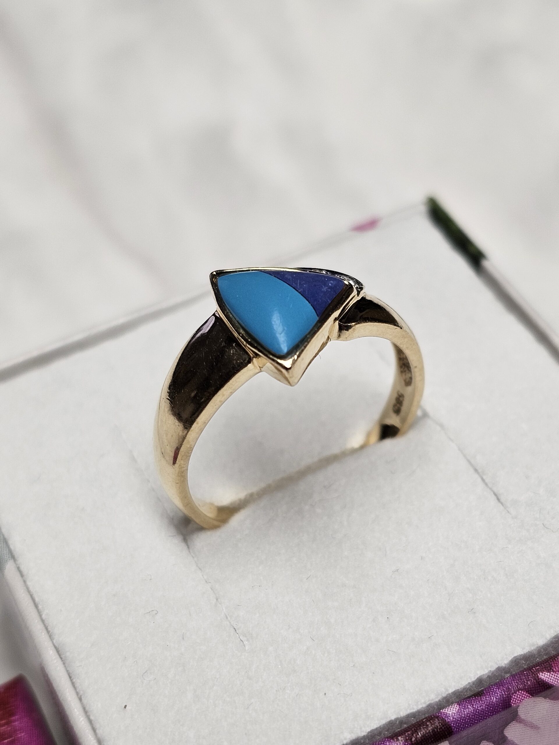 18,5 mm Schicker Vintage Ring Gold 585 mit Türkis & Lapislazuli Einlage Diamant Steinchen elegantes Design GR190 – Bild 4