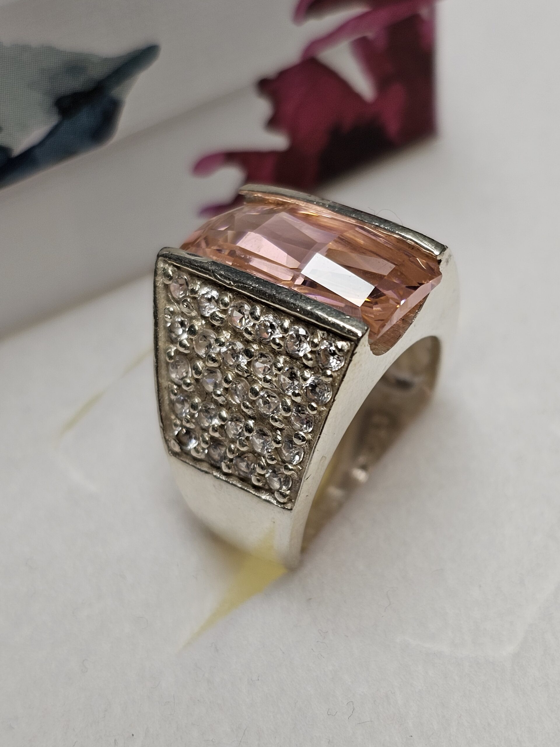 18,8 mm Toller stylischer Ring Silber 925 Kristalle rosa & klar Vintage Eleganz selten rar SR1002 – Bild 3