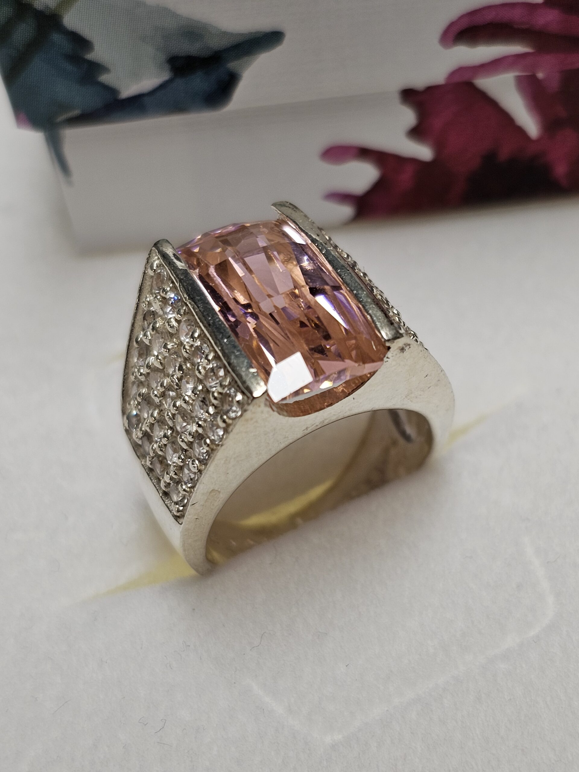 18,8 mm Toller stylischer Ring Silber 925 Kristalle rosa & klar Vintage Eleganz selten rar SR1002 – Bild 2