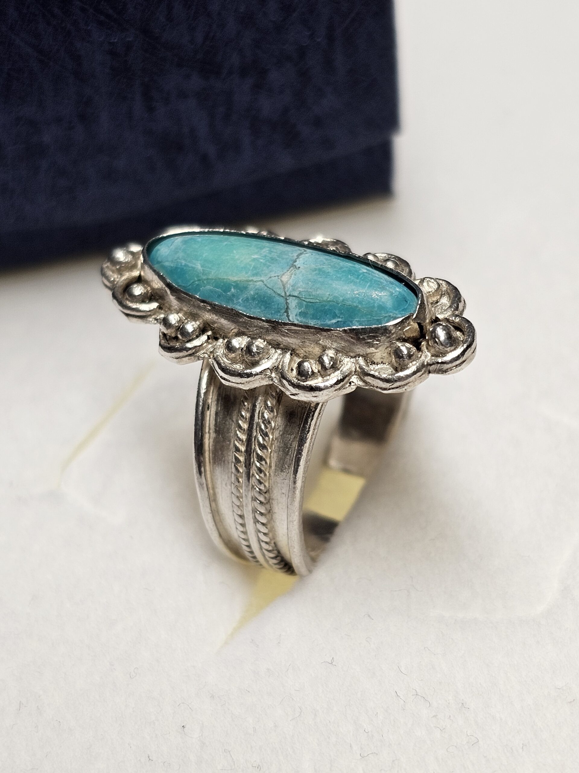 19,7 mm Nostalgischer Ring Silber 925 Amazonit Vintage Silberschmiede Kunst Handarbeit selten rar SR1040