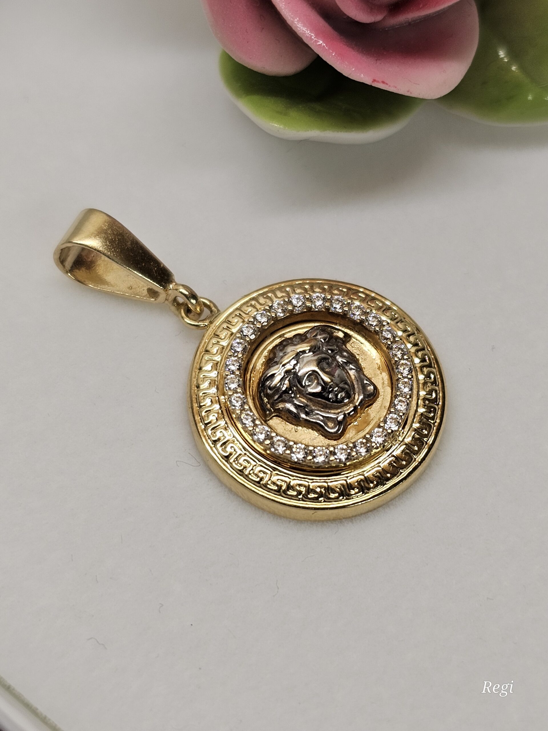 Eleganter Goldanhänger Anhänger - ohne Kette - Medusa Gold 585 teilplatiniert Kristalle Steinchen klar Mäander Design Vintage elegant GAN220 – Bild 2